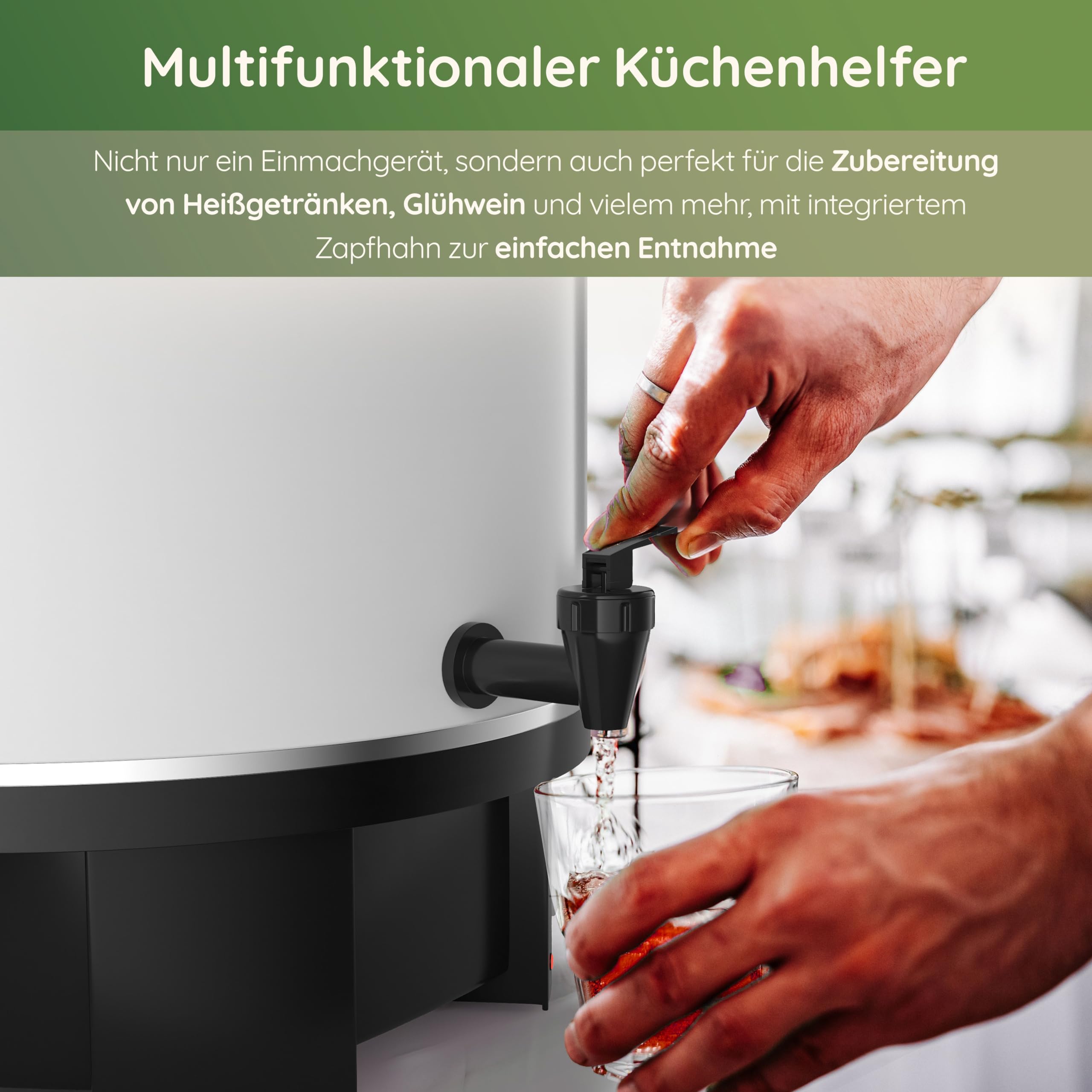 ‎Tim Home Einkochautomat, 1800 Watt mit Zapfhahn – Vielseitiger Kochtopf als Einkochtopf, Dampfkochtopf & Glühweinkocher – Emailliert, Multifunktional, Temperatureinstellung, 27 Liter