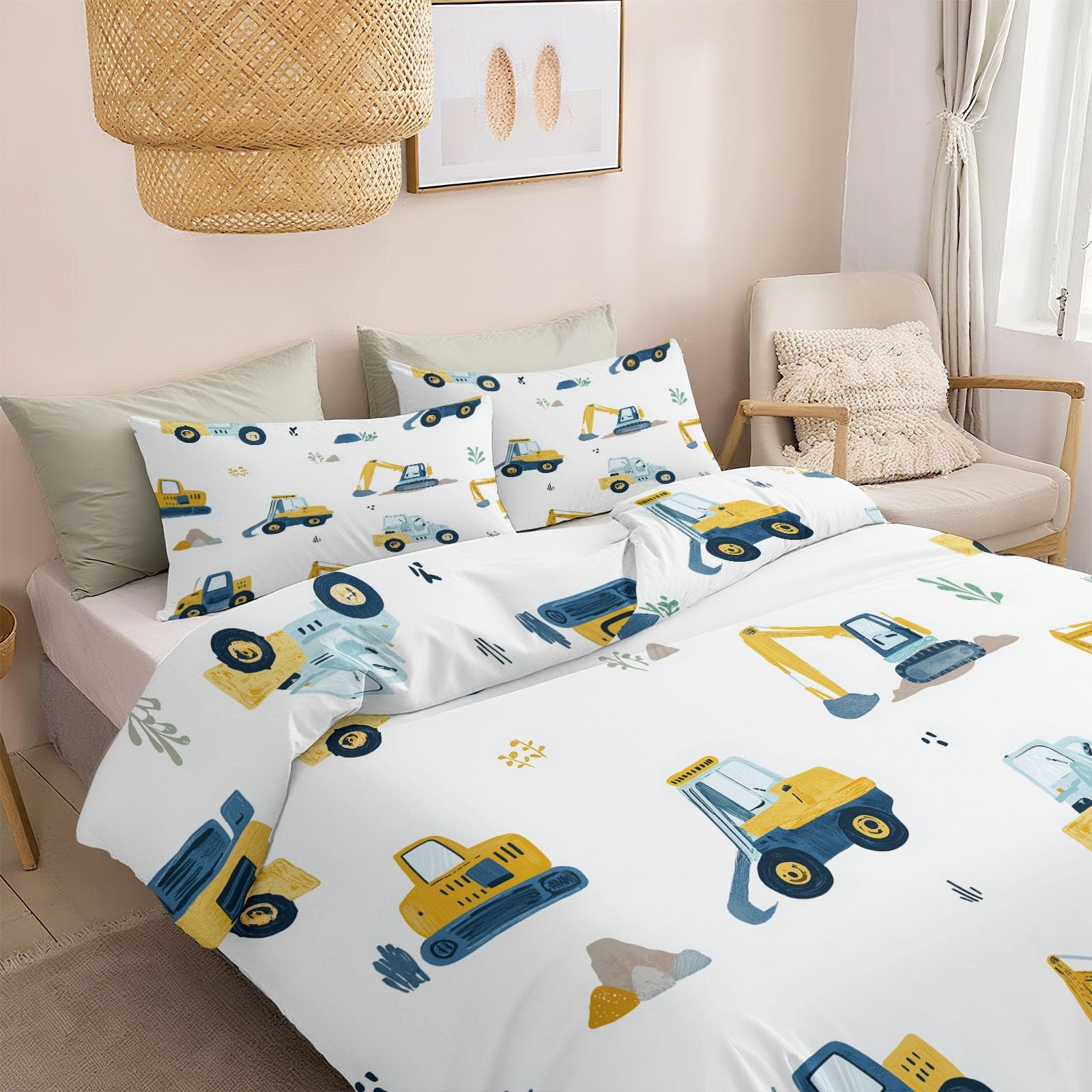 Komplet pościeli z kreskówki, pojazdy na placu budowy, koparka, kamienie, 230 x 220 cm, poszewka na kołdrę dla dzieci, miękka mikrofibra, żółta poszwa na kołdrę z poszewką na poduszkę 80 x 80 cm i