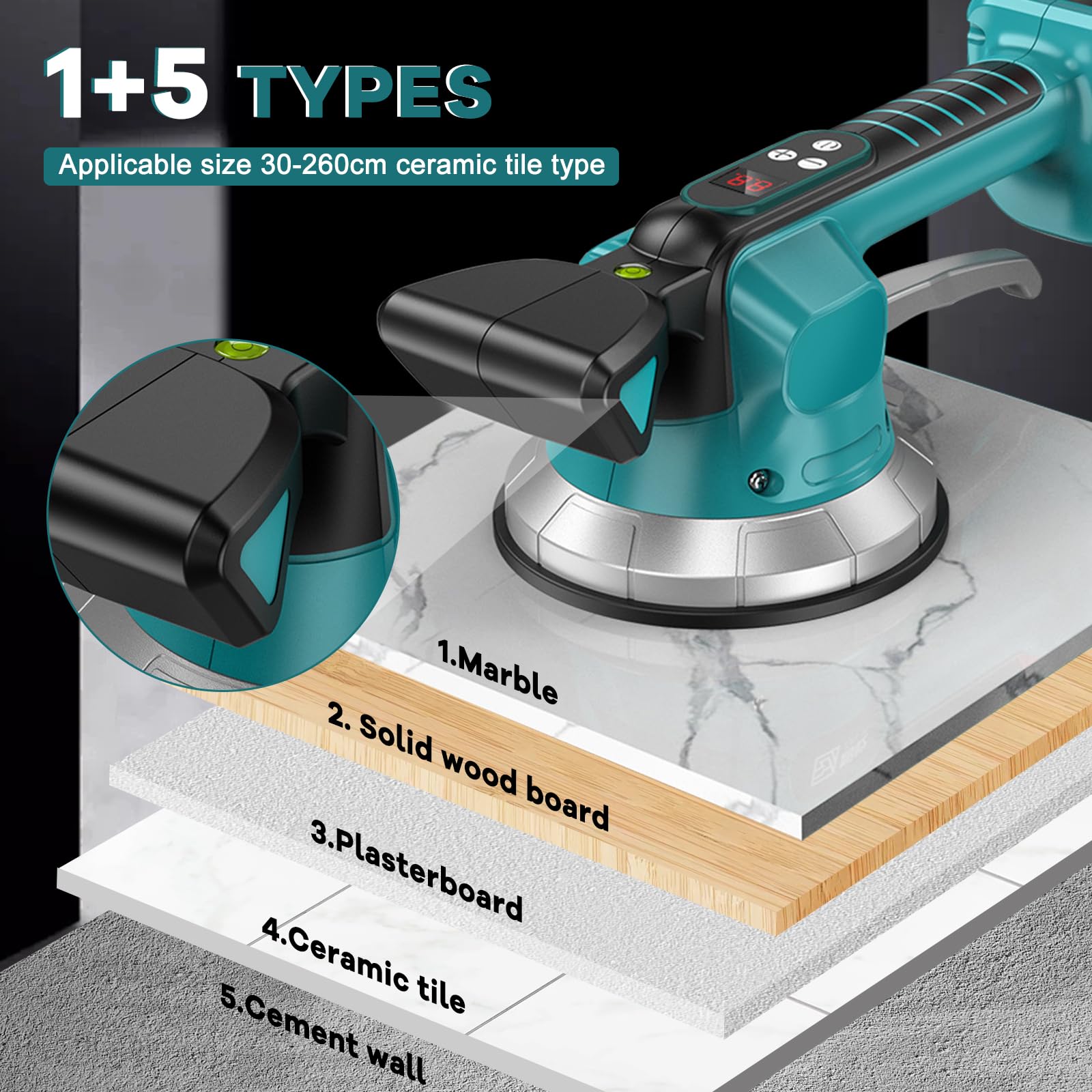 Fliesenrüttler Kompatibel mit Makita 18V, Fliesen Vibrationsgerät, Fliesenvibrator mit 10 stuftige Geschwindigkeit,14.5cm Saugnapf, 50kg Adsorption für 120x120 cm Fliesen (ohne Akku und Ladegerät)