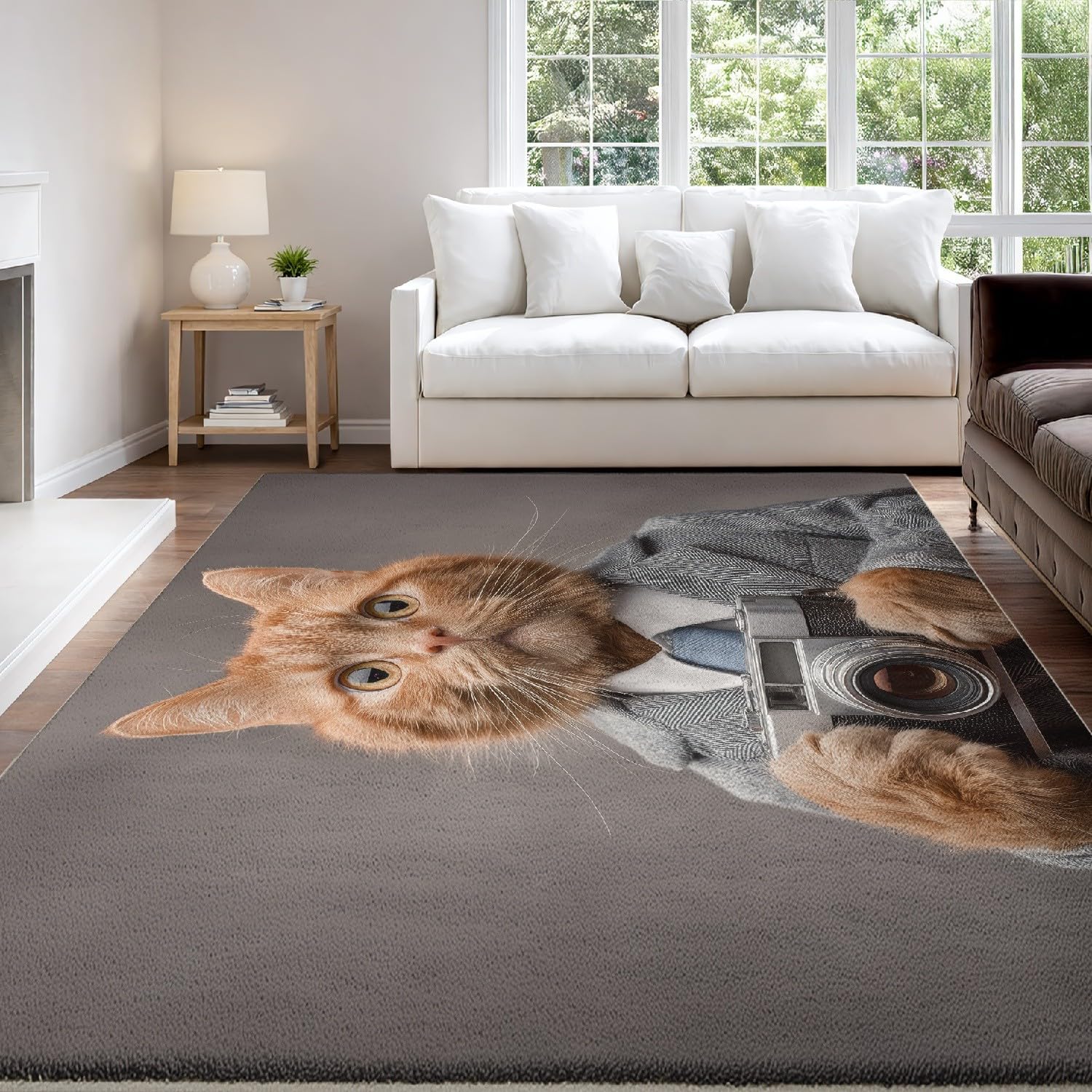 Nadaje się do prania i antypoślizgowy dywan do salonu, 150 x 180 cm, vintage, elegancki dywan do aparatu, kota, do salonu, miękki, antypoślizgowy, szary dywan z krótkim włosiem, do sypialni, jadalni