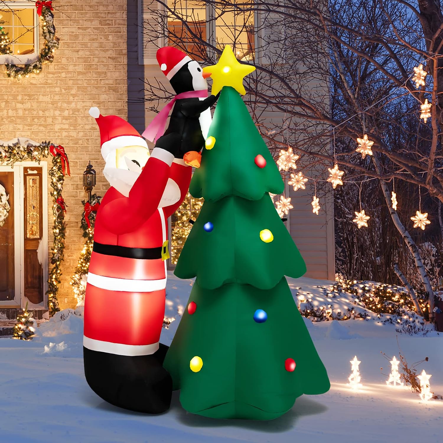 Tangkula 6 FT Inflatable Christmas Tree & Santa Claus w/LEDs & Air Blower, Blow Up Yard Decoration, Inflates Santa and Penguin Decorating a Tree, Indoor Outdoor Inflatable Decoration for Yard Lawn