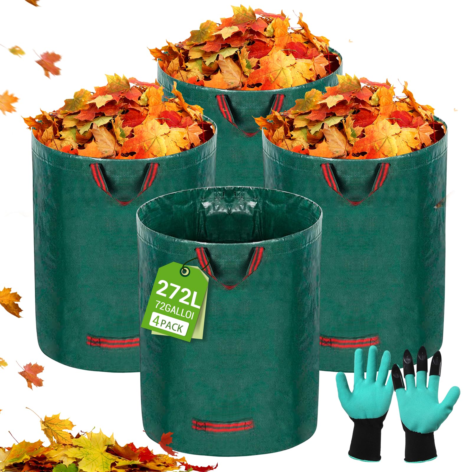 USHOP Sacos de Jardín, 4x 272L (76x67cm) Bolsas de Basura de Jardinería, Reutilizables, Plegables, Impermeables, Gran Capacidad con Asas para Hojas, Residuos y Poda con Guantes Incluidos