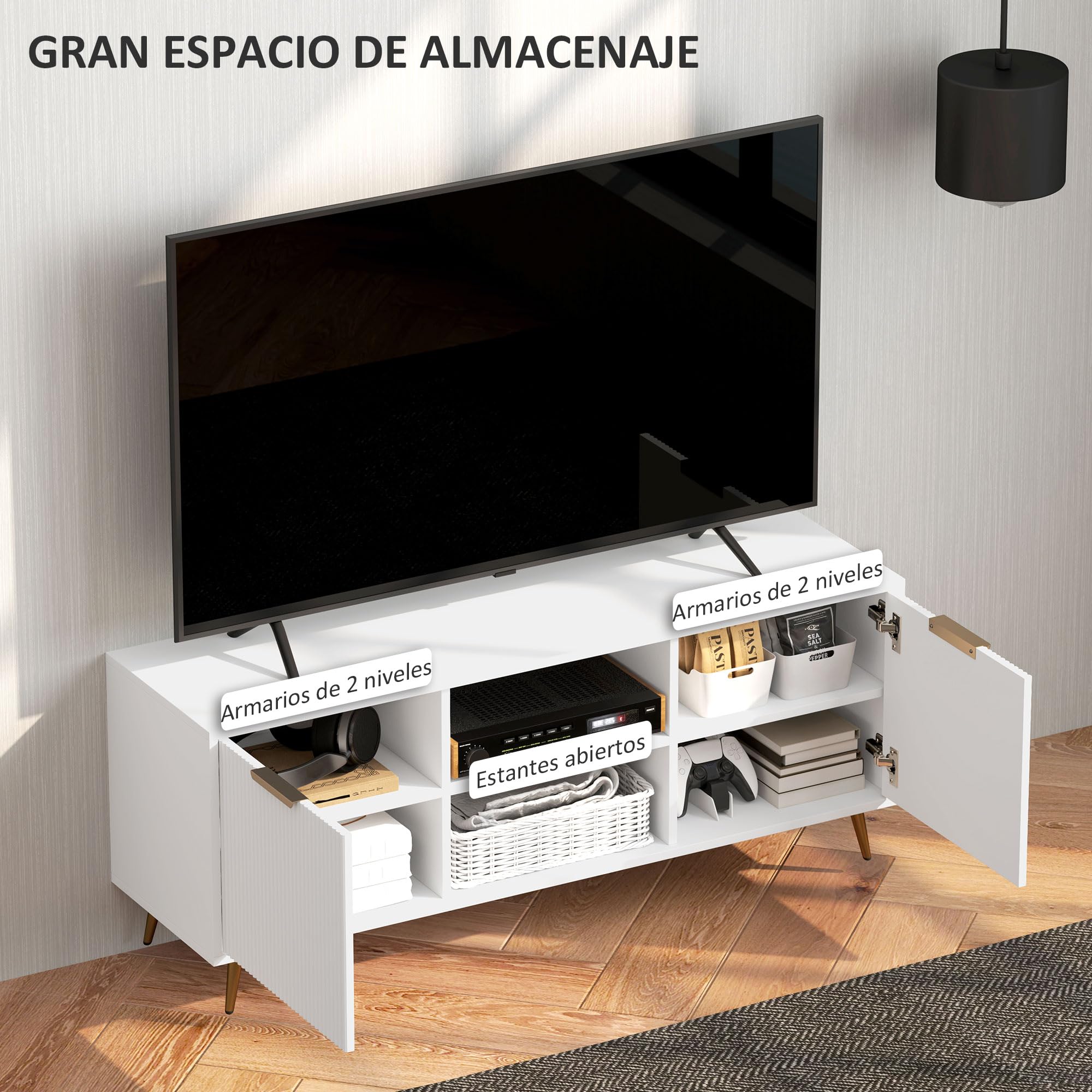 HOMCOM Mueble de TV Moderno para Salón 55 Pulgadas 120x35x48 cm Blanco | 2 Compartimentos Abiertos, 2 Puertas, Mueble para Televisión
