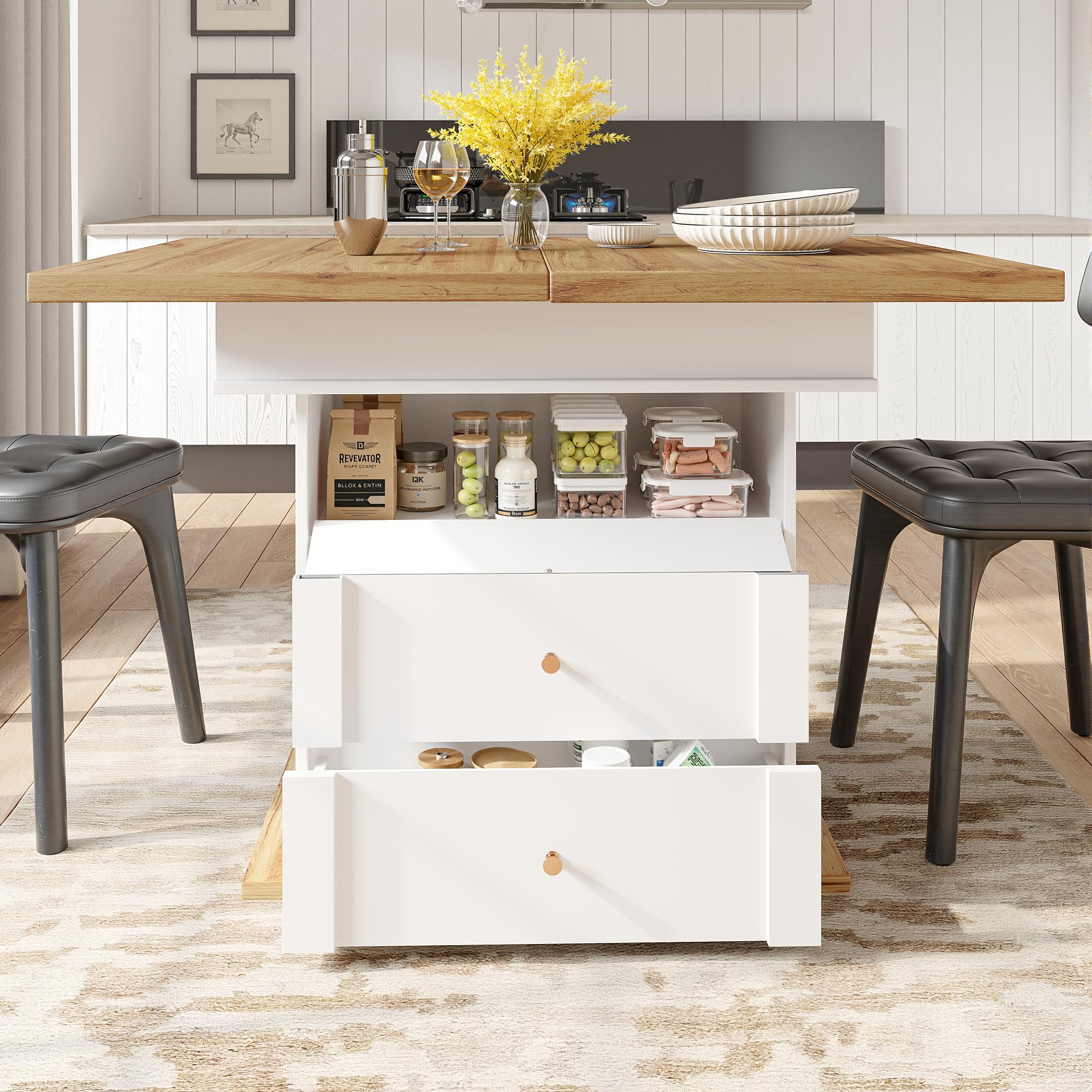 Merax Esstisch Ausziehbar, Esszimmertisch Küchentisch mit ausziehbare Tischplatte, Schubladen und Klapptüren, Säulentisch rechteckig, Teleskoptisch für 4-6 Personen, 110-140x80 cm, Holzoptik & Weiß