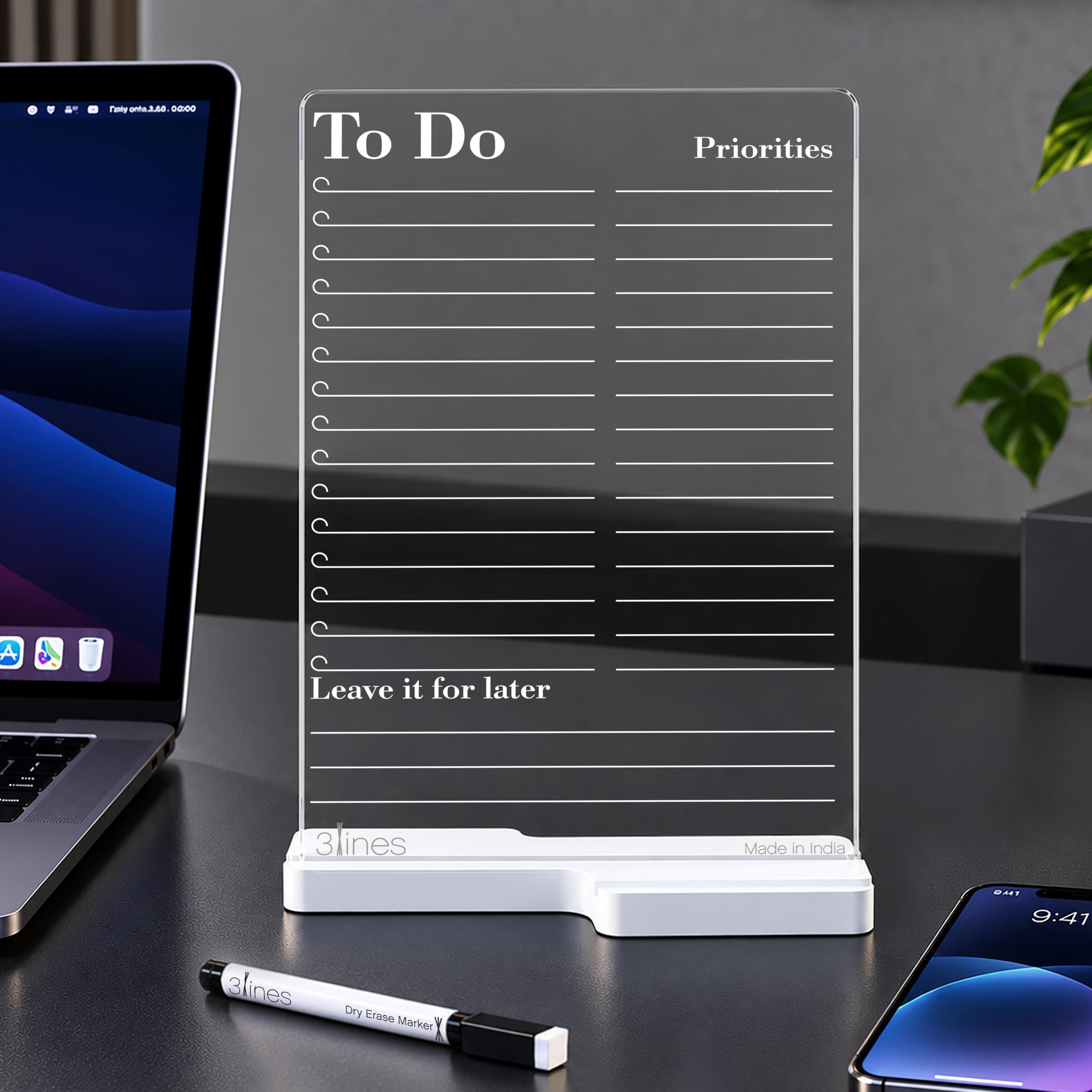 3 Lines Acrylic Board Daily Planner for Desk (24 X 16 cm) to-Do List, Reminders, Priority List | White Base with Board & Mobile Holder | for Working Professionals and Students