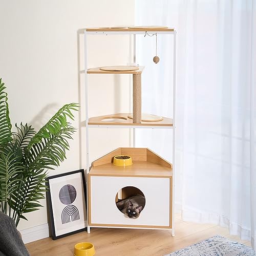 Miniatura 7 de soges Torre de esquina para gatos, árbol para gatos con poste rascador, condominio para gatos con estación de alimentación y plataformas de