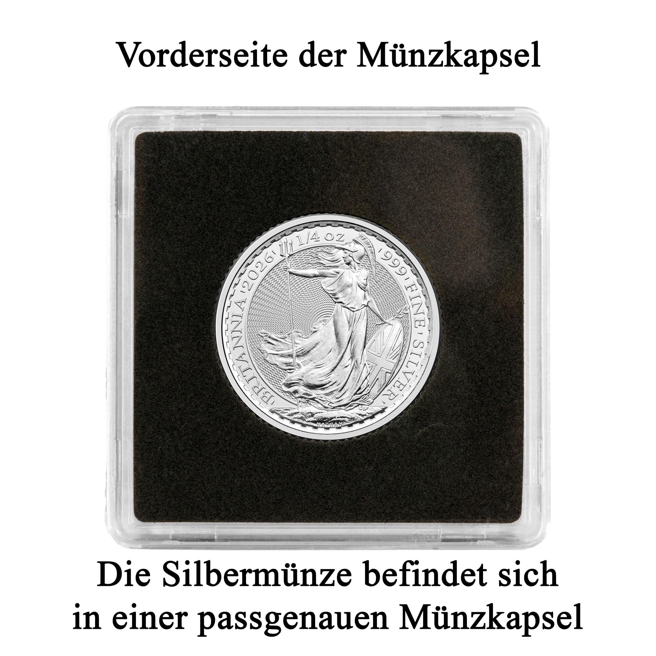 Silbermünze Britannia | Aktueller Jahrgang | Feinsilber 999 | In Münzkapsel & schwarzem Etui | Inkl. Grußkarte und Echtheitsgarantie (1/4 oz)