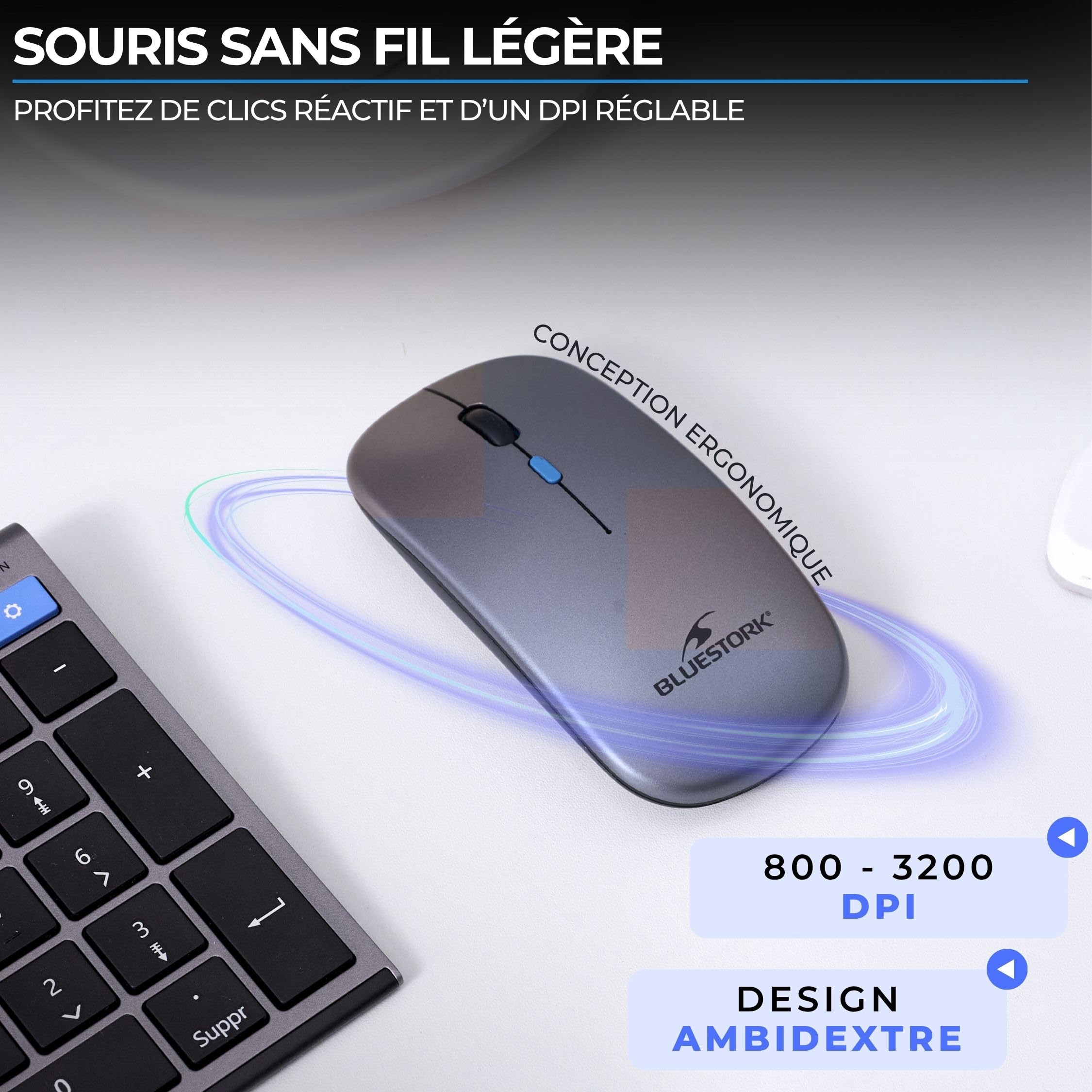Bluestork - Set tastiera mouse wireless ricaricabile grafica V3 - Tastiera wireless, Connessioni 2.4GHz e Bluetooth, Ultra-sottile, batteria 110H, AZERTY FR, mouse 3200 DPI -Windows/IA Copilot