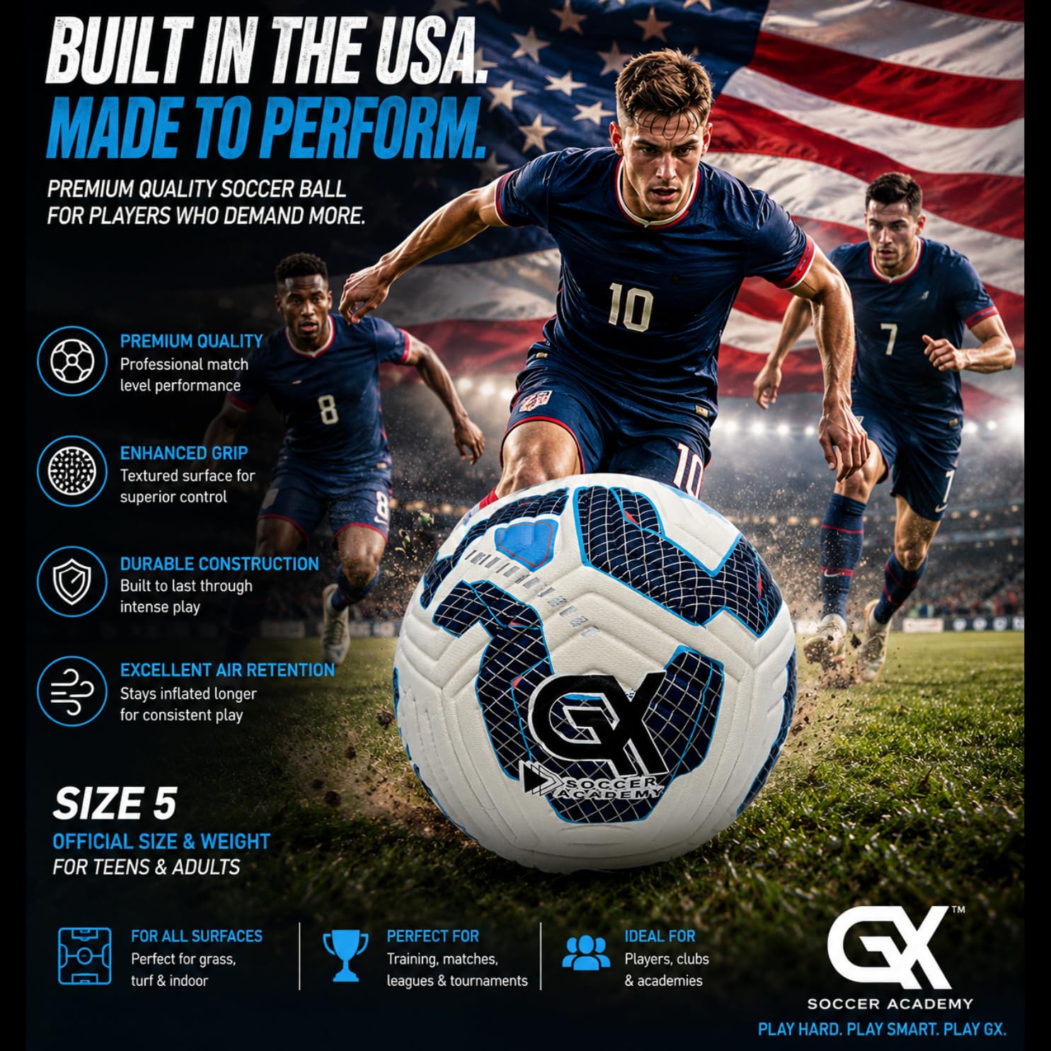 GX Soccer Academy Tour+ - Balón de fútbol profesional, tamaño 5, pelota de competición azul y blanca