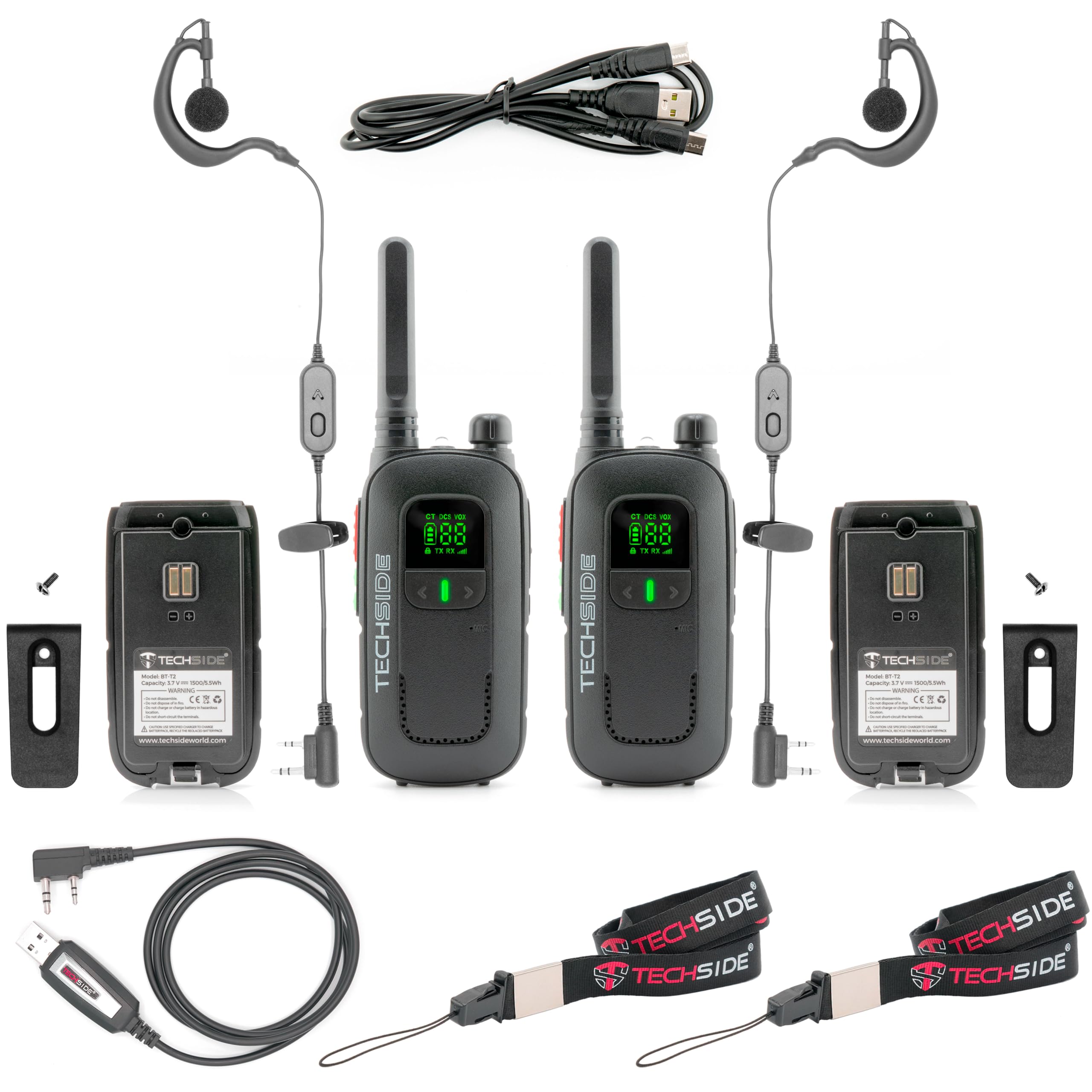 Techside TS-T2 Talkie-Walkie PMR446 16 Canaux VOX 5 Niveaux Lot de 2 Pièces