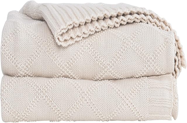 Knitted Throw Blanket 100% Cotton Home Bed Blanket,51x70 Inch Soft Cozy Lightweight Cable Knit Blanket Suitable for Sofa Couch Bed Chair Car Office Travel (Beige, Diamond Pattern)