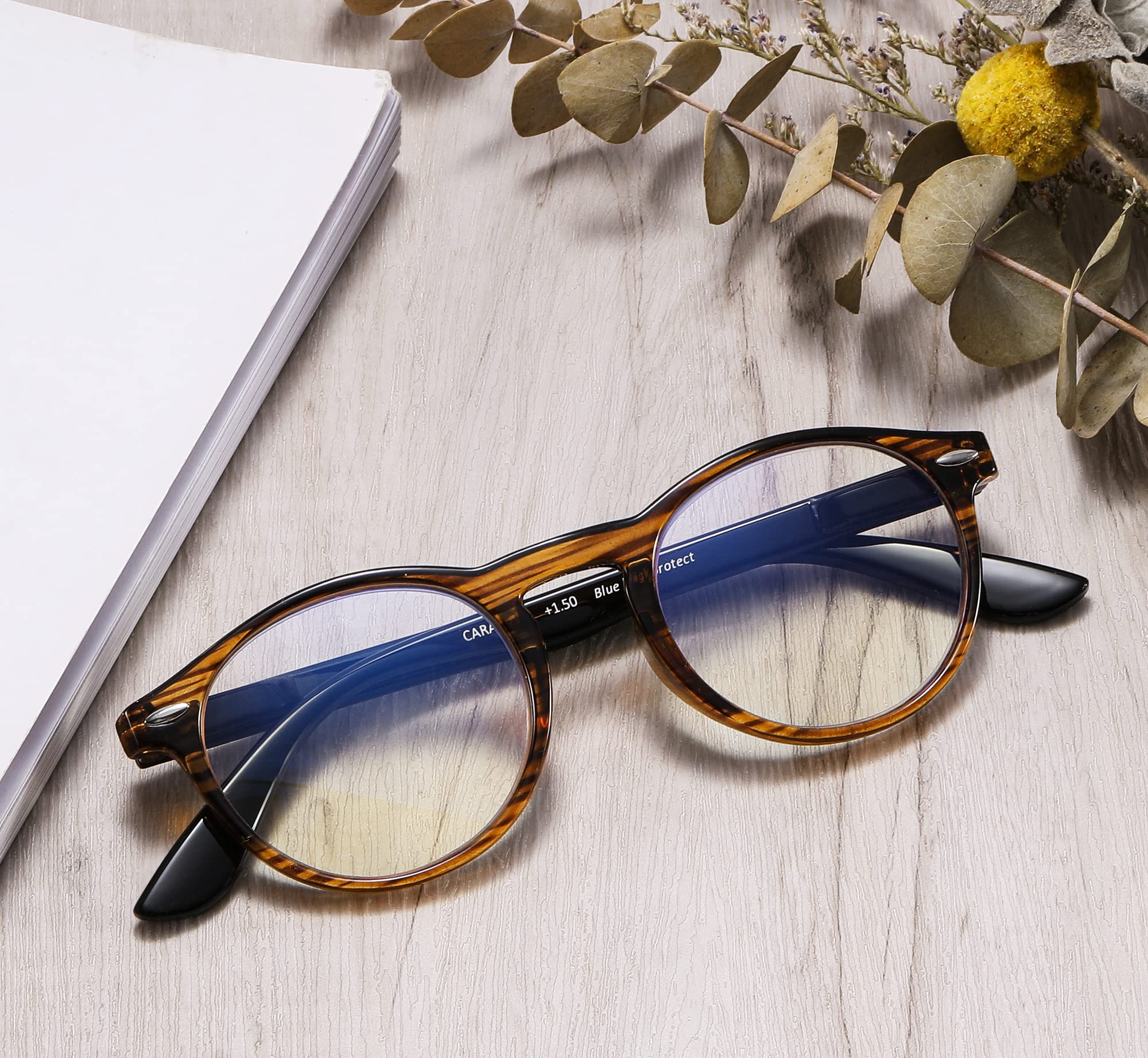 Caracara Lunettes Anti lumière bleue - Lunettes loupe de lecture - ANTI BUÉE OFFERT - Lunettes de lecture avec accessoires - Lunettes de vue Femme et Homme (Striped, Grossissement +2,00)