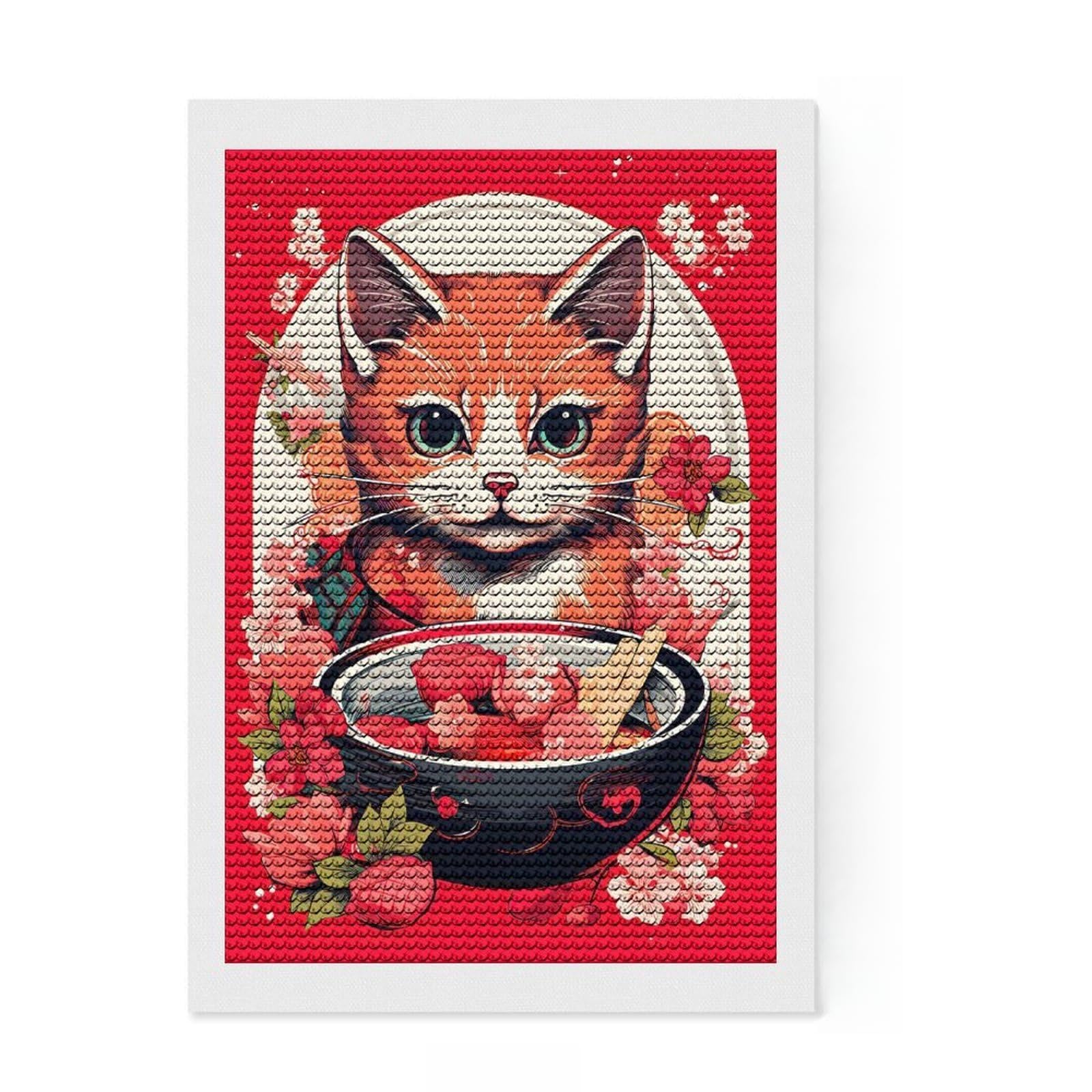 Junmoney Japan Cat Ramen Ruby Art Diamond Painting Set 8"x12", Fun Craft Experience, Sparkling Round Gems, Office Decor, for Adults, Adhesive Canvas