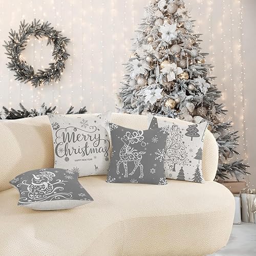 Miniatura 2 de Artmag Juego de 4 fundas de almohada de Navidad grises de 20 x 20 pulgadas, decoración navideña, árboles, ciervos, muñeco de nieve, Feliz Navidad,