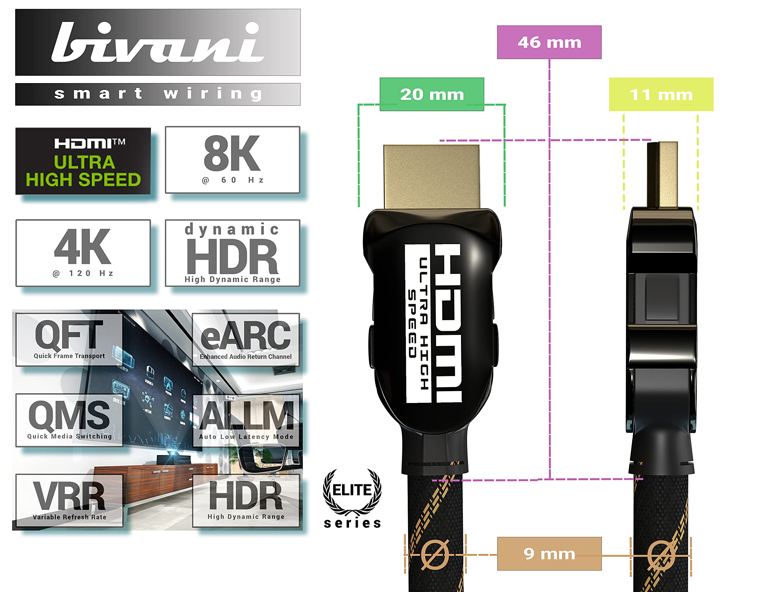 bivani Cable HDMI 2.1a de 8 K, 4 metros, 48 Gbps, cable HDMI de alta velocidad, certificado HDR10+, Ethernet de alta velocidad, PS5 y Xbox Series X Ready, revestimiento de nailon, serie Elite - 4M