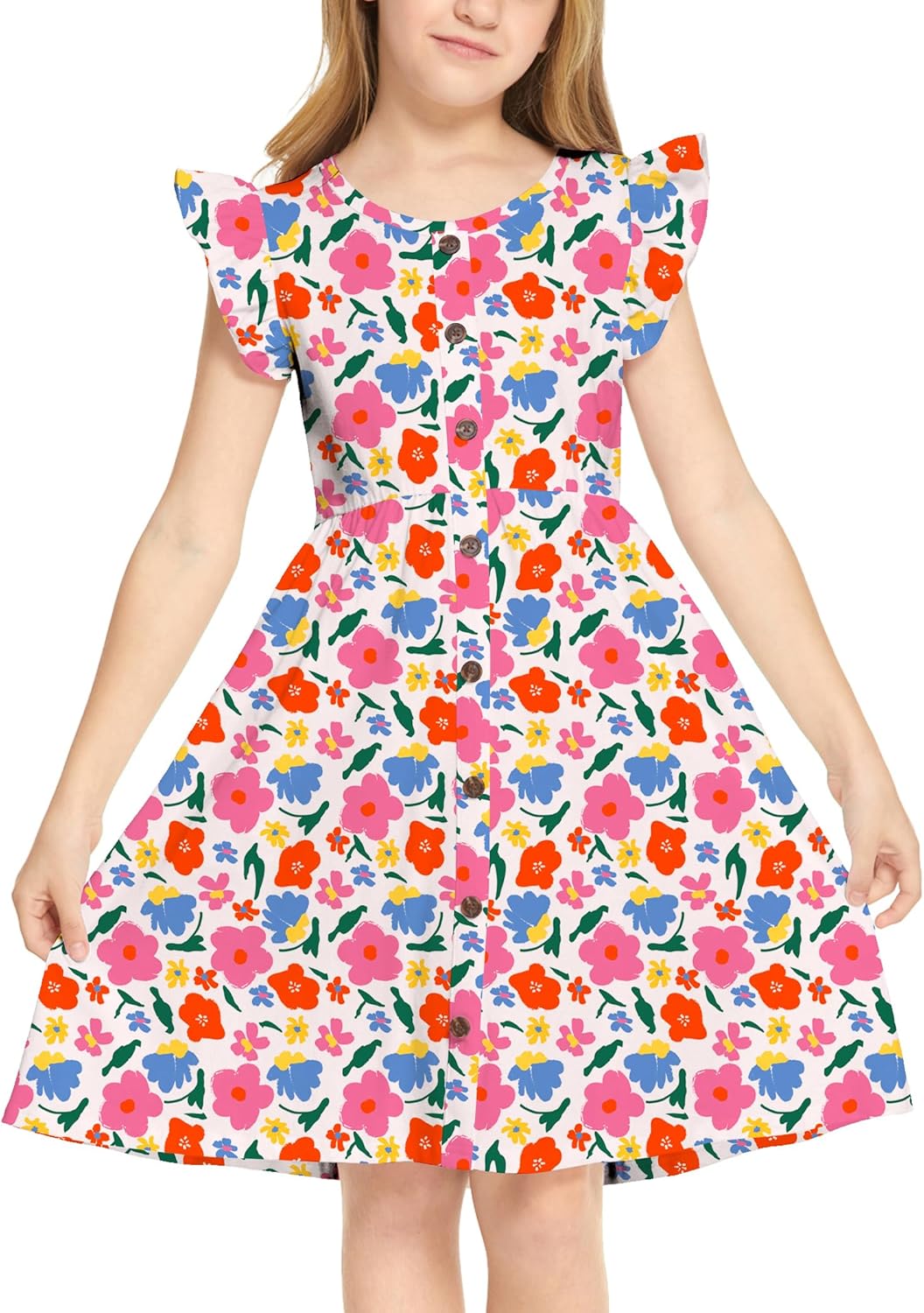 Arshiner Girls Dress Flutter Sleeve A-Line Button Down Sundress Casual Midi Dresses for 4-12 Years Kids