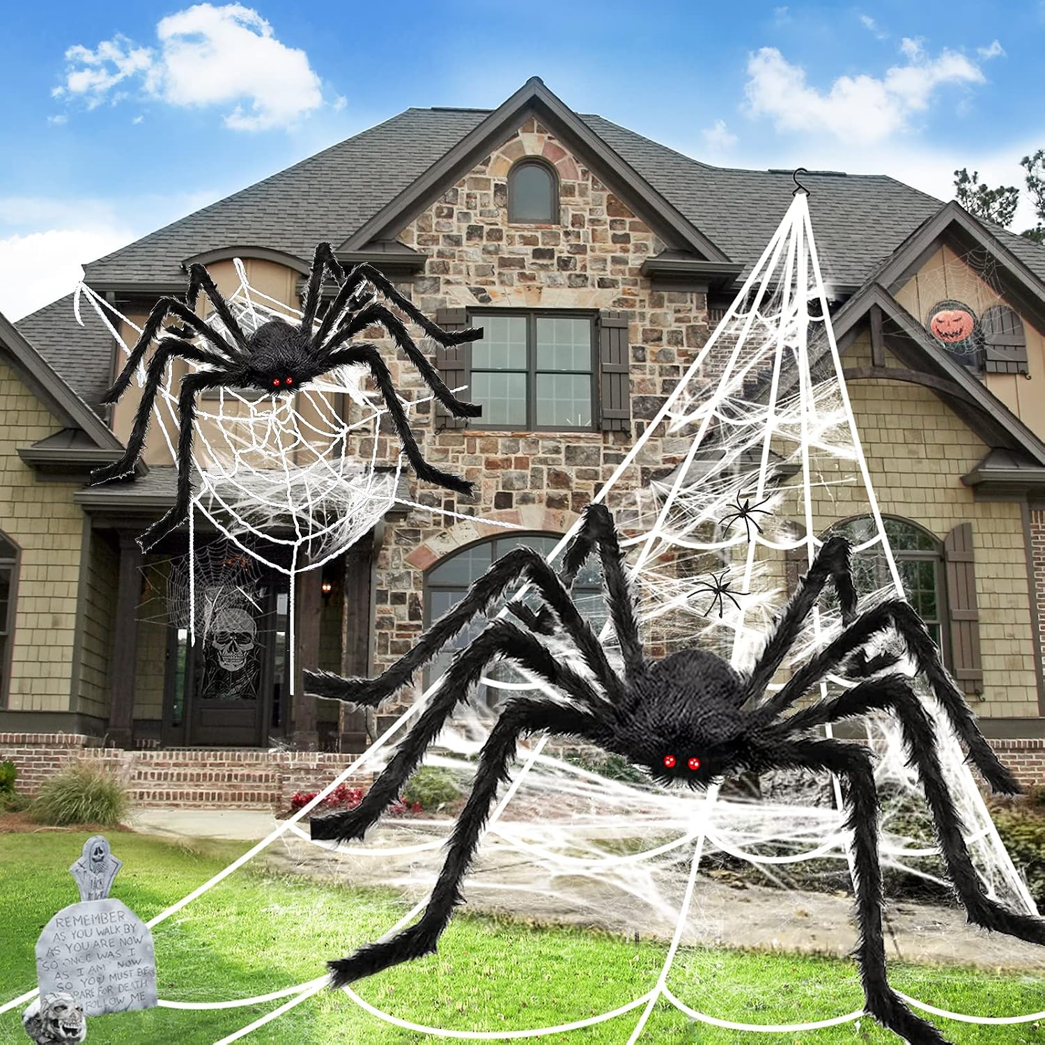 Halloween Decorations, 2Pcs 50'' Giant Spider + 200'' Triangular Spider Web and 100'' Round Spider Web, with Hook, Stretch Web and Ground Stakes for Indoor Outdoor Halloween Decor Haunted House Props