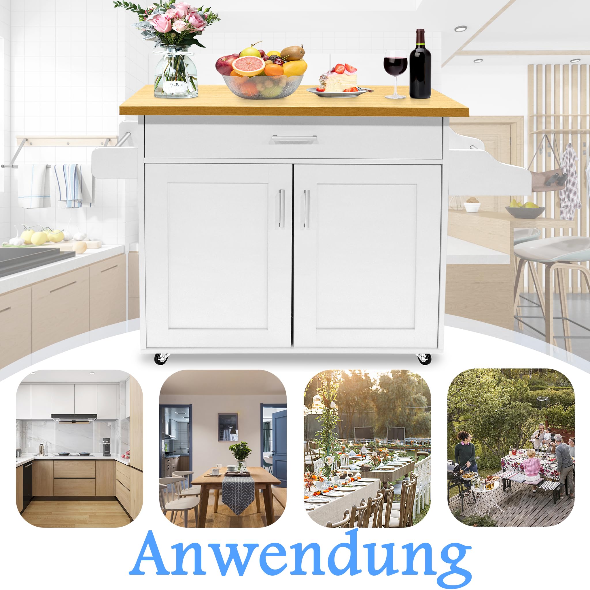 FIVMEN Küchenwagen Küchenschrank Grau mit Rollen und Arbeitsplatte Servierwagen Kücheninsel aus Holz mit Handtuchhalter und Gewürzboard Mobile Küchenschränke Kücheninselwagen, 115x90x36cm