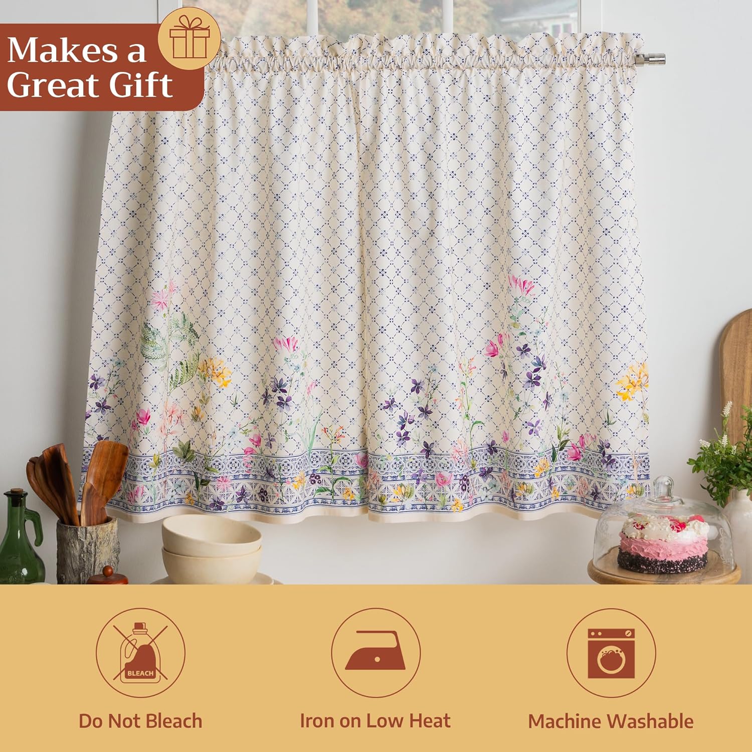 Maison d' Hermine Kitchen Curtain Set for Windows 100% Cotton Set of Kitchen Curtain Valance for Home [2 Tier (28"X36") and 1 Valance (56"X18")] Café Gifts for Mothers Day (Faience)