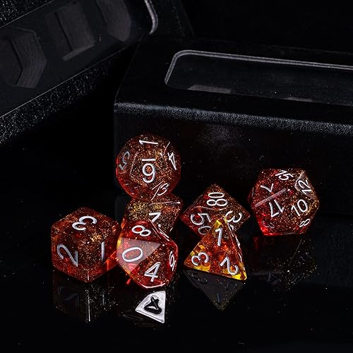 Miniatura 6 de HDdais DND - Juego de 7 dados poliédricos naranjas con purpurina para juegos de rol de Calabozos y Dragones, d n d