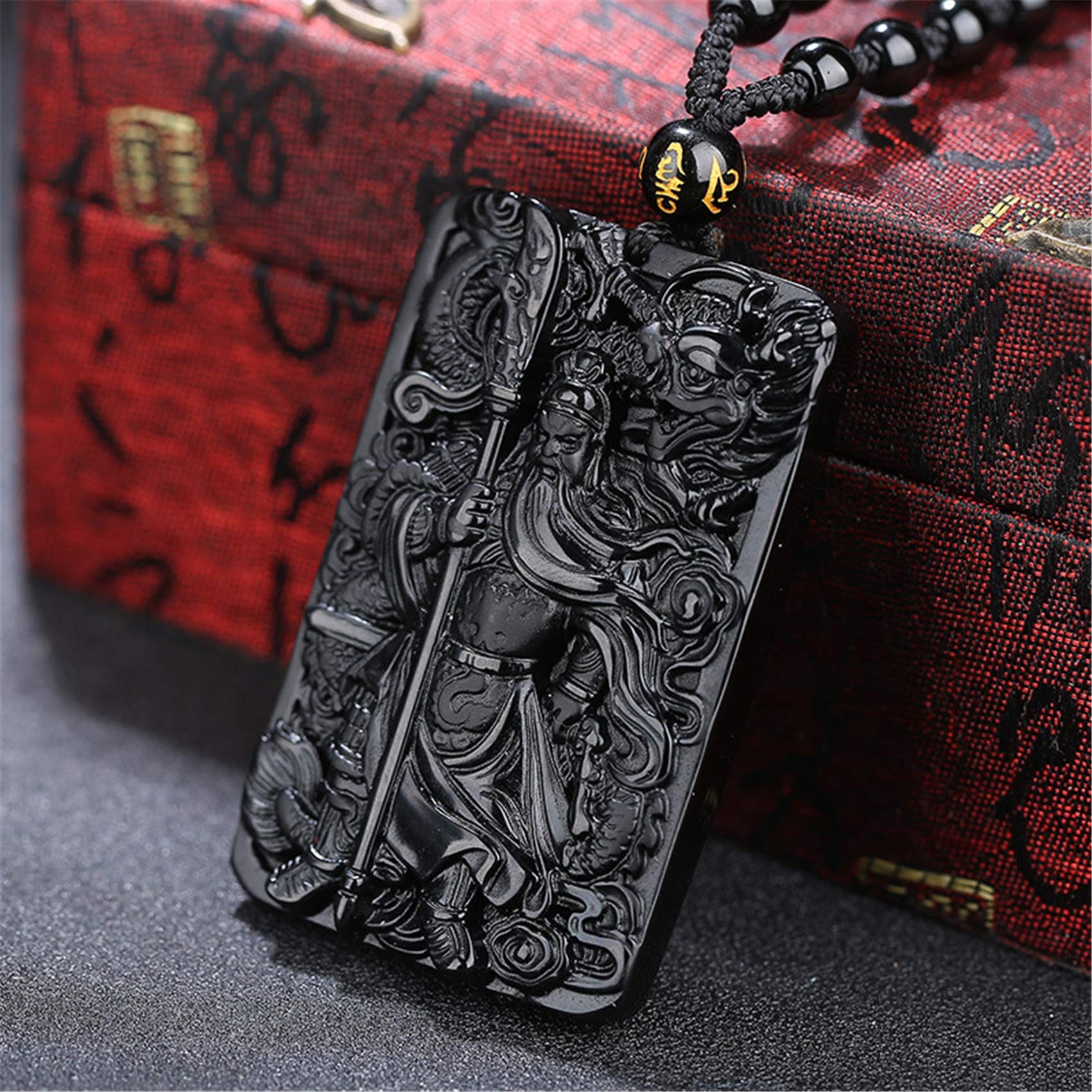 Feng Shui Black Obsidian Necklace Natural Obsidian Guan Gong Kwan Kung Guan Gong Kuan Kong Pendant Necklace Attract Wealth Talisman for Prosperity Money Good Luck,Single Pendant ( Color : With Bead Ch