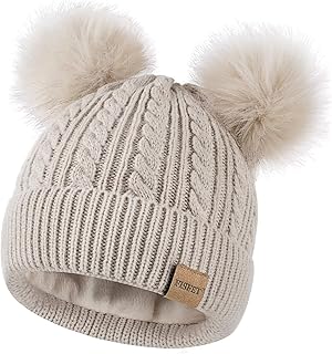 Beanies Women with Double Pom Pom, Winter Hats for Women Cold Weather Warm Knit Fleece Lined, Cute Beanie Cap for Daily Use