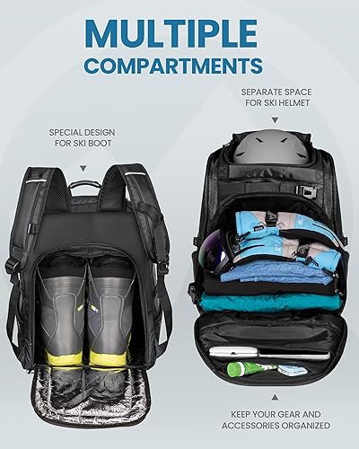 Miniatura 10 de OutdoorMaster Bolsa para botas de esquí, 65L impermeables para esquí, snowboard, almohadilla de hombro, mochila de esquí para cascos, gafas para