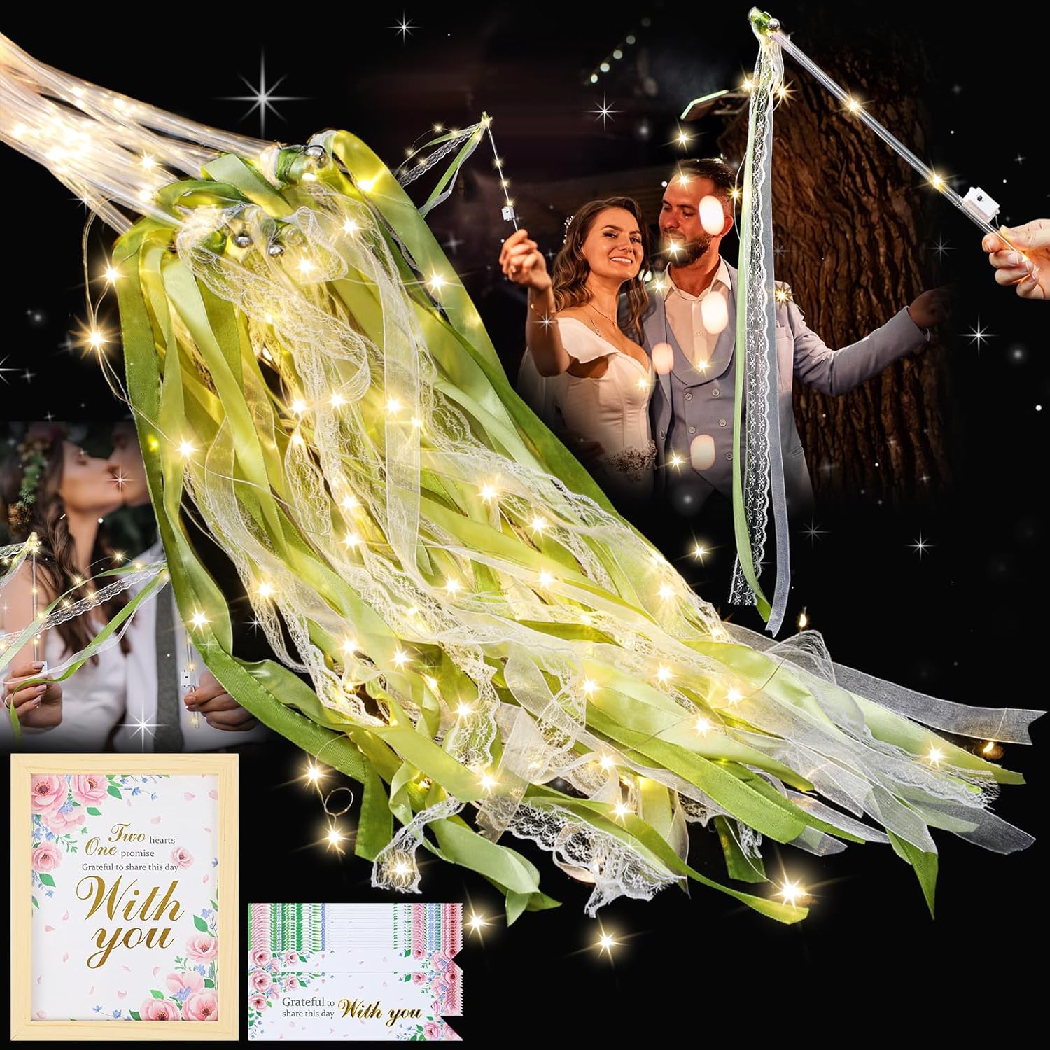 50 Set Wedding Wands Ribbons Silk Fairy Stick with Bells Ribbon with 3 Colorful Flashing Modes Grateful Cards Gift Tags Wood Photo Frame for Wedding Send Off New Year Birthday Party(Green)