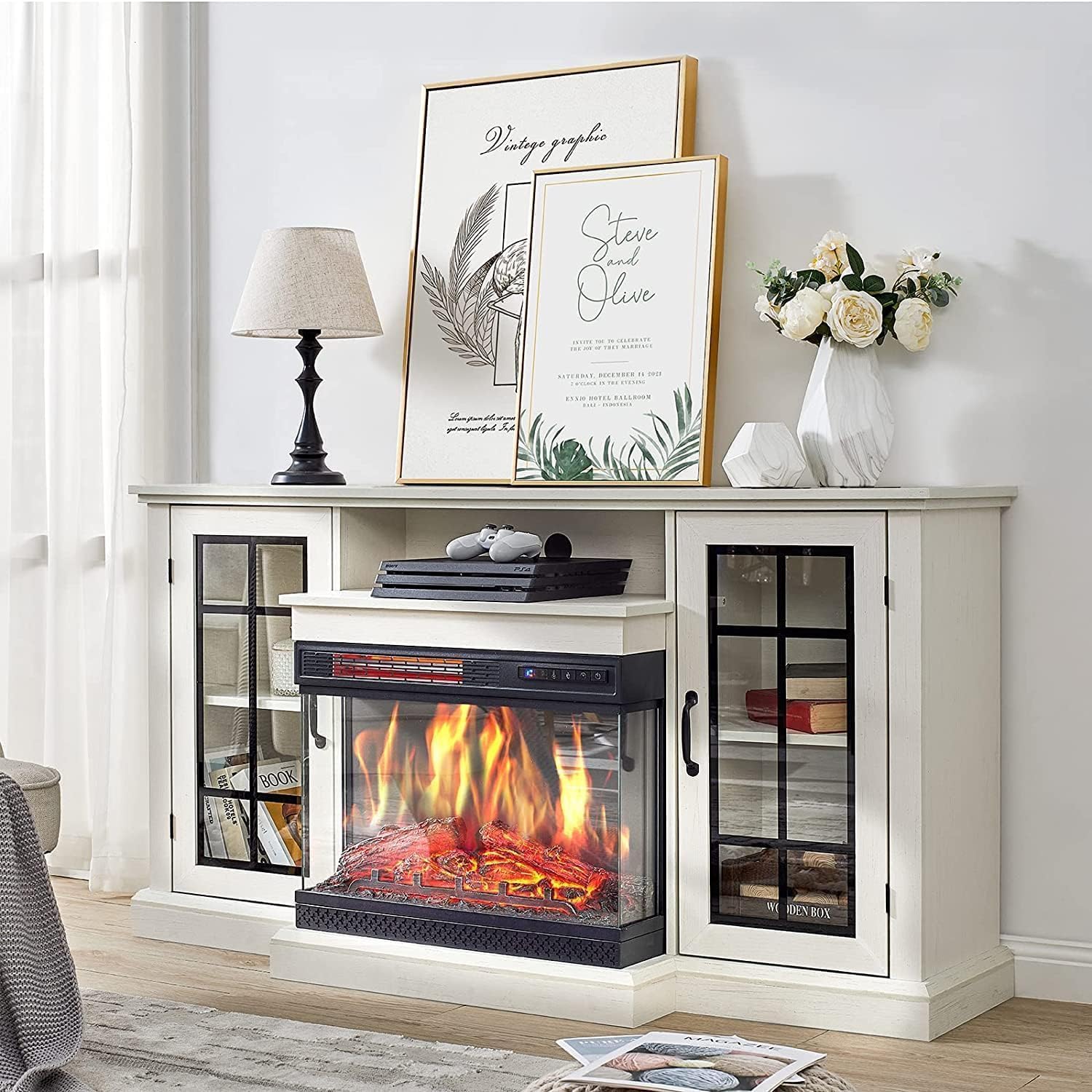 75'' Fireplace TV Stand, White Modern TV Stand with Electric Fireplace – 40" Heater, Adjustable LED Flame Effects and 12 Flame Colors, 2-Tier Storage & Cabinets