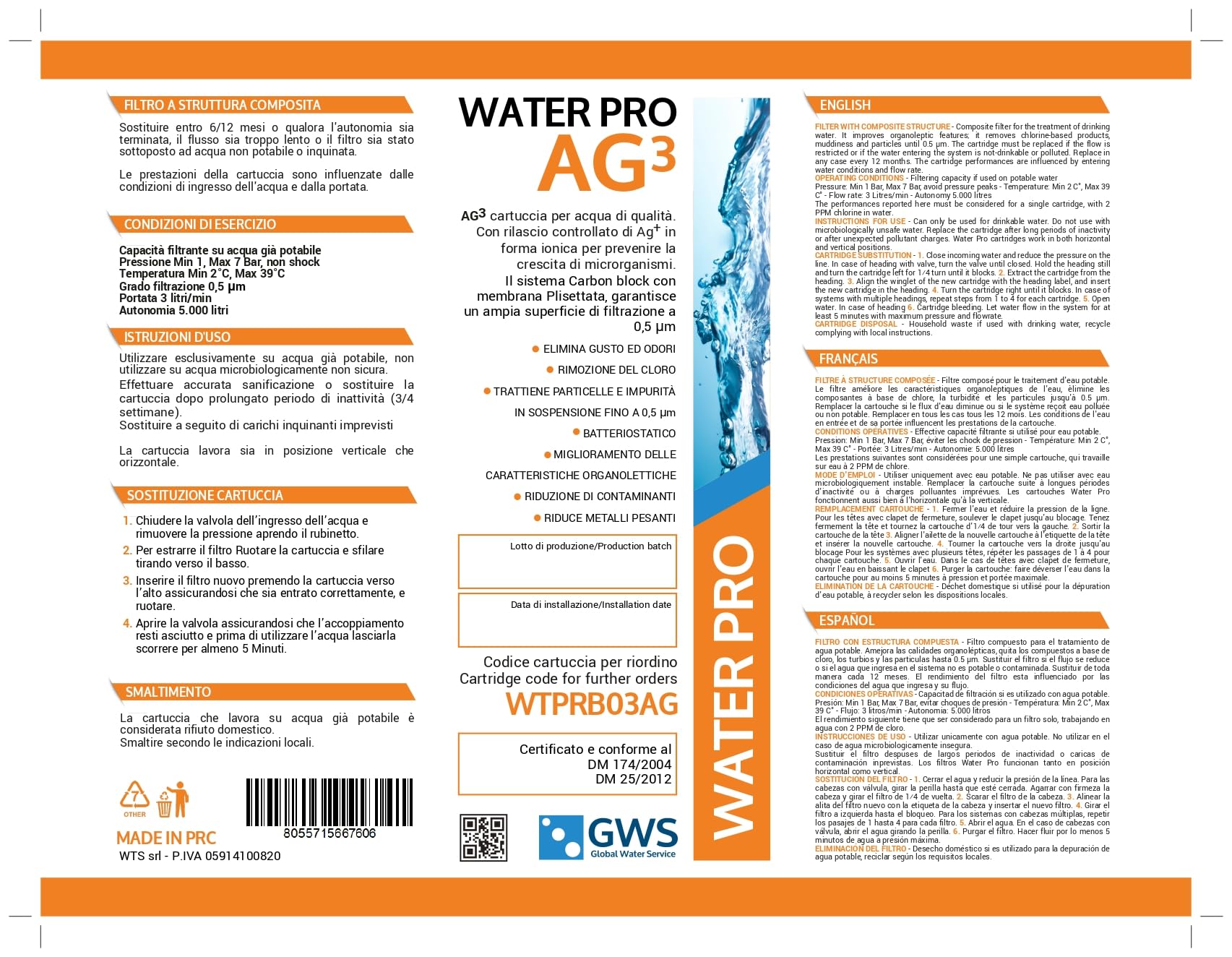 Filtro Water Pro AG03: carbon block argentizzato e membrana plissettata 0,5 µm. Capacità 5000 litri. Nessuna perdita di carbone, nessuna perdita di carico, grande portata, attacco a baionetta