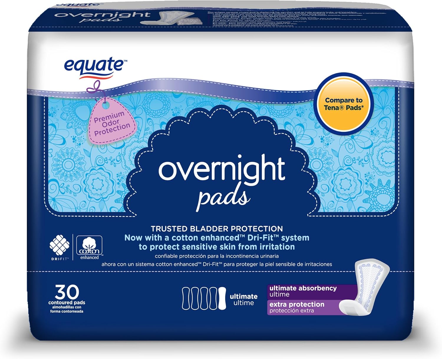 Equate Overnight Incontinence Pads for Women, Ultimate, 30 Ct 2 PACK
