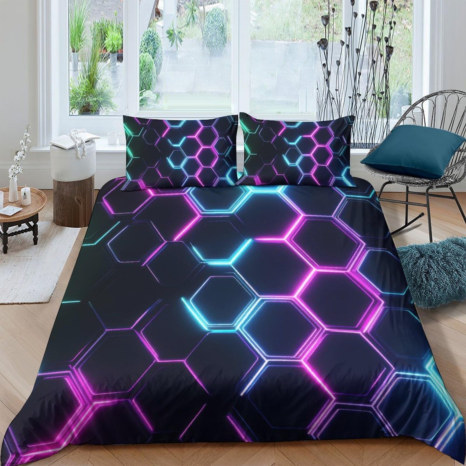 Ctjqhvkz Style-1 3D Printed Neon Hexagon Fitted Sheet Microfiber Soft Breathable Geometric Bed Cover For Bedroom Dorm Mattress Protection Single（135X200cm）