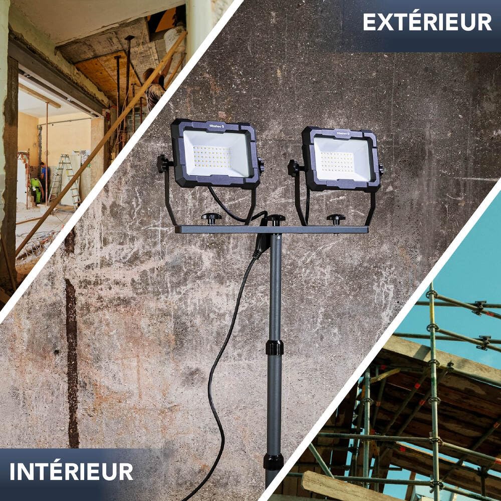 TIBELEC, 347780, Projecteur LED de Chantier, 2 x 50W, 2 x 8200lm, Blanc neutre « lumière du jour », +/- 30 000h, Classe I, Indice de protection : IP65, Orange et noir, 180cm