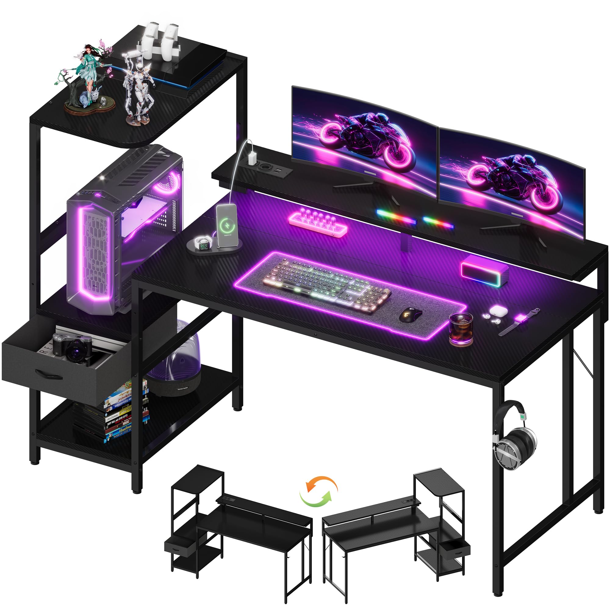 JUMMICO 140×60cm Gaming Tisch mit Steckdose & Lichtleiste, umkehrbarer computertisch mit Monitorständer, schubladen & Ablagefach, Kopfhörerhaken, Gaming Schreibtisch Carbon Fiber Schwarz