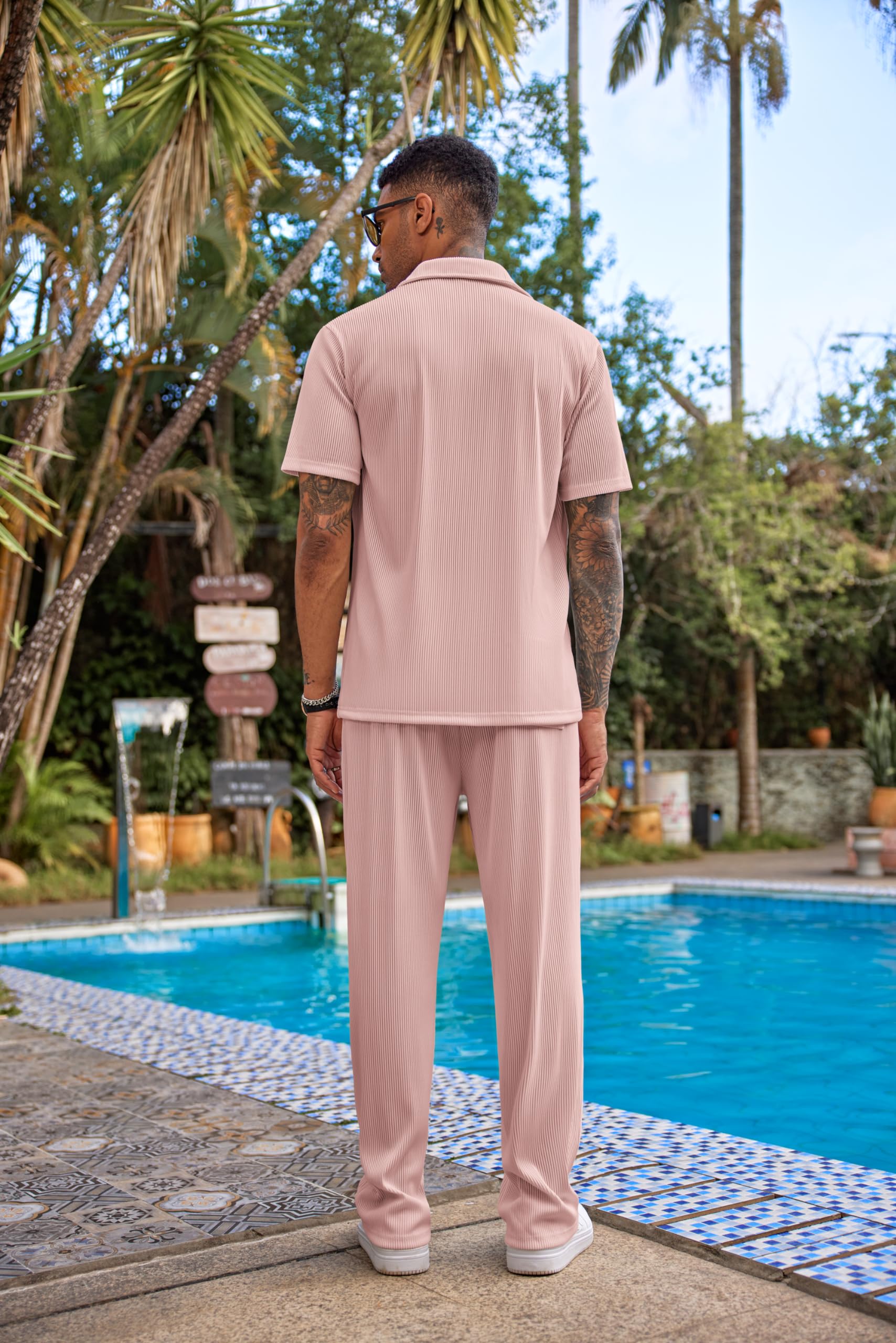 COOFANDY Tenue 2 pièces décontractée à manches courtes boutonnée pour homme