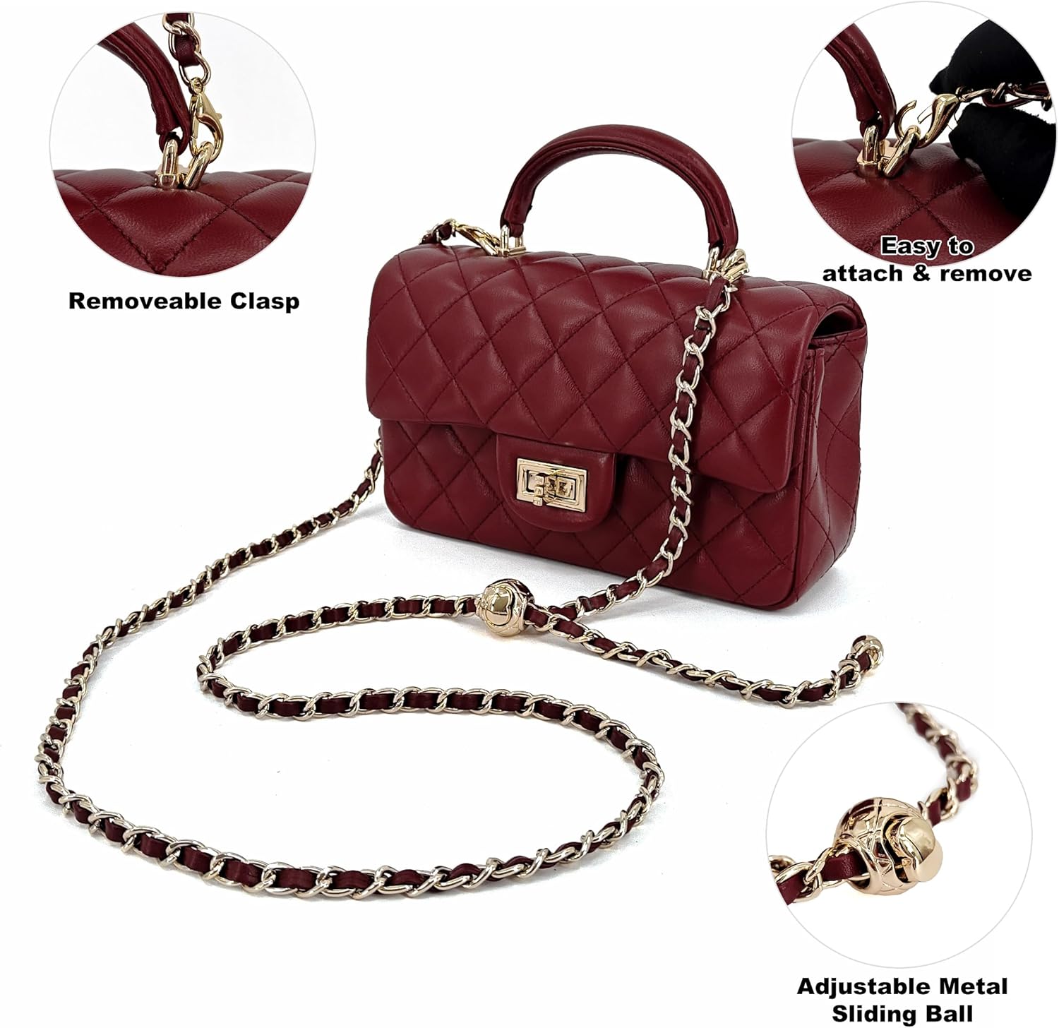 Small Quilted Crossbody Bag for Women, Genuine Leather Mini Shoulder Flap Purse with Gold Chain Strap & Top Handle