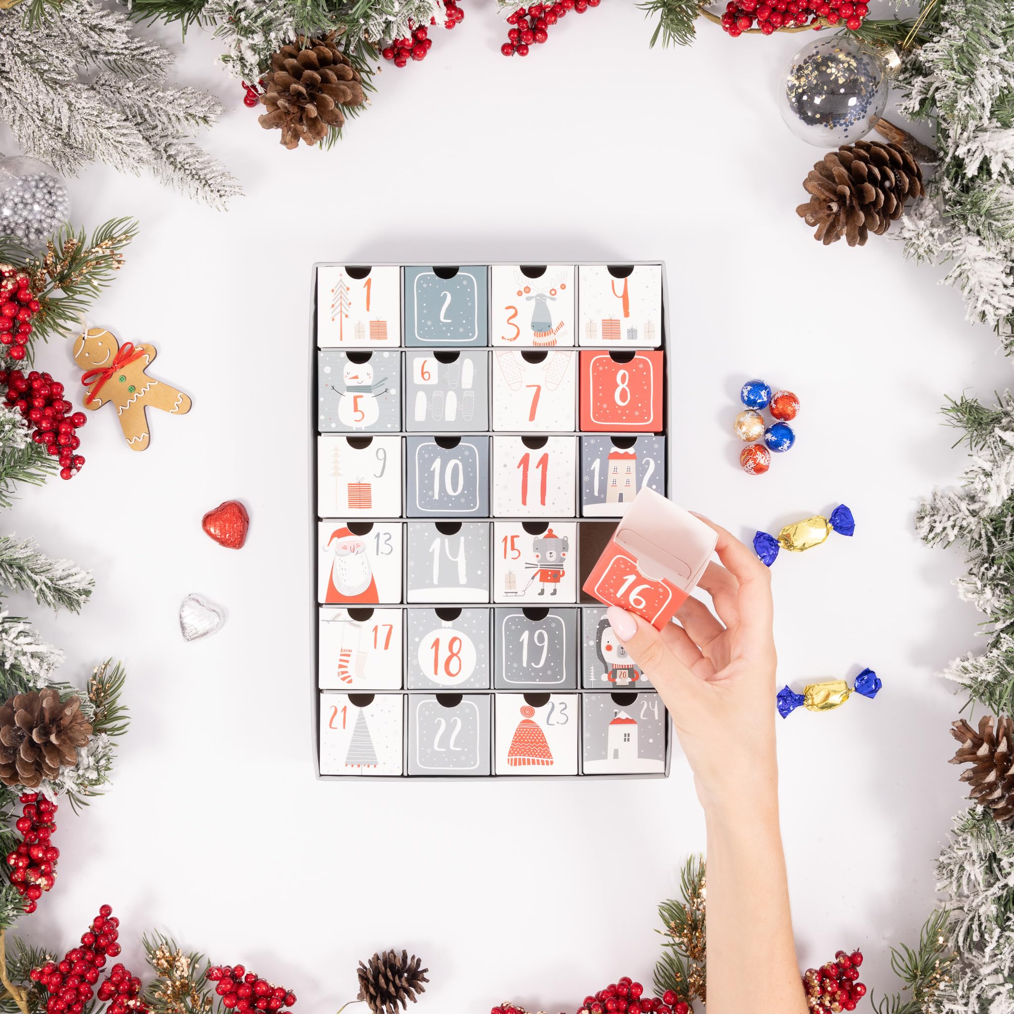 Adventskalender zum selber befüllen, 24 Tage wiederverwendbar, 1-24 leere Schubladen für Weihnachts-Countdown (Grau)