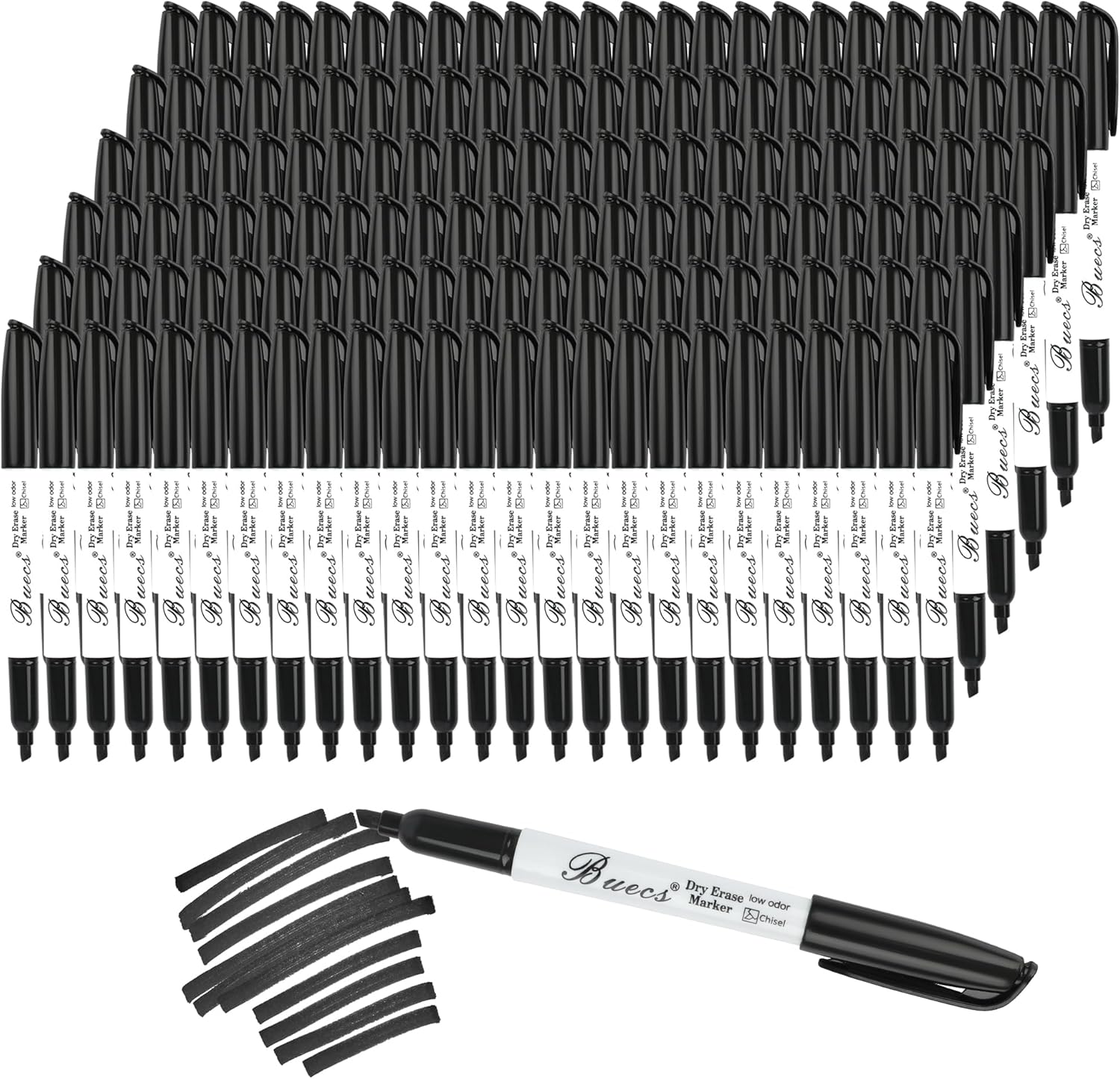Buecs Black Dry Erase Markers, Low-Odor, 150 Count, Chisel tip, Perfect for Writing on Whiteboards, Dry-Erase Boards, Glass, School Office Supplies