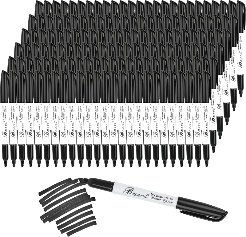 Buecs Black Dry Erase Markers, Low-Odor, 150 Count, Chisel tip, Perfect for Writing on Whiteboards, Dry-Erase Boards, Glass, School Office Supplies