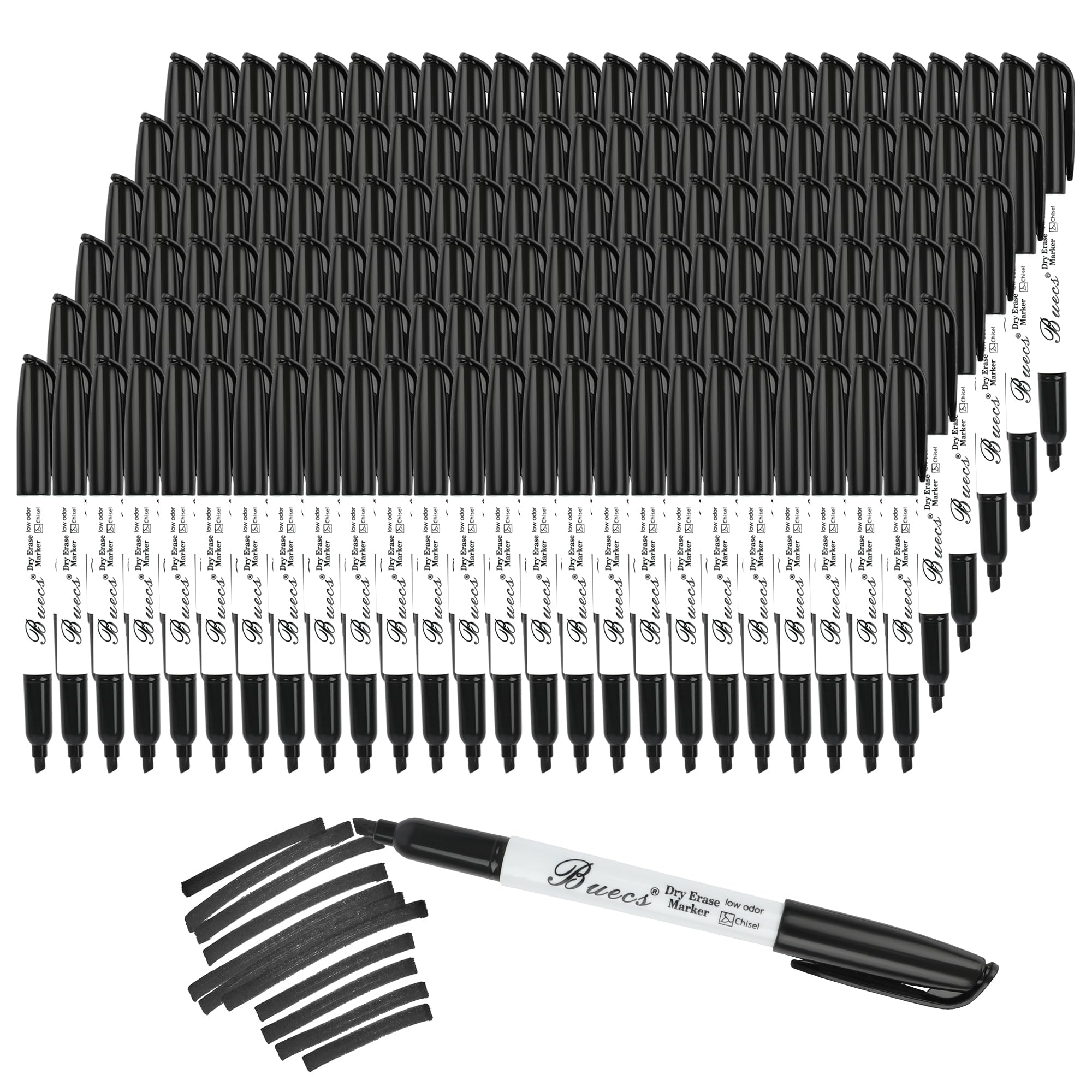 Buecs Black Dry Erase Markers, Low-Odor, 150 Count, Chisel tip, Perfect for Writing on Whiteboards, Dry-Erase Boards, Glass, School Office Supplies