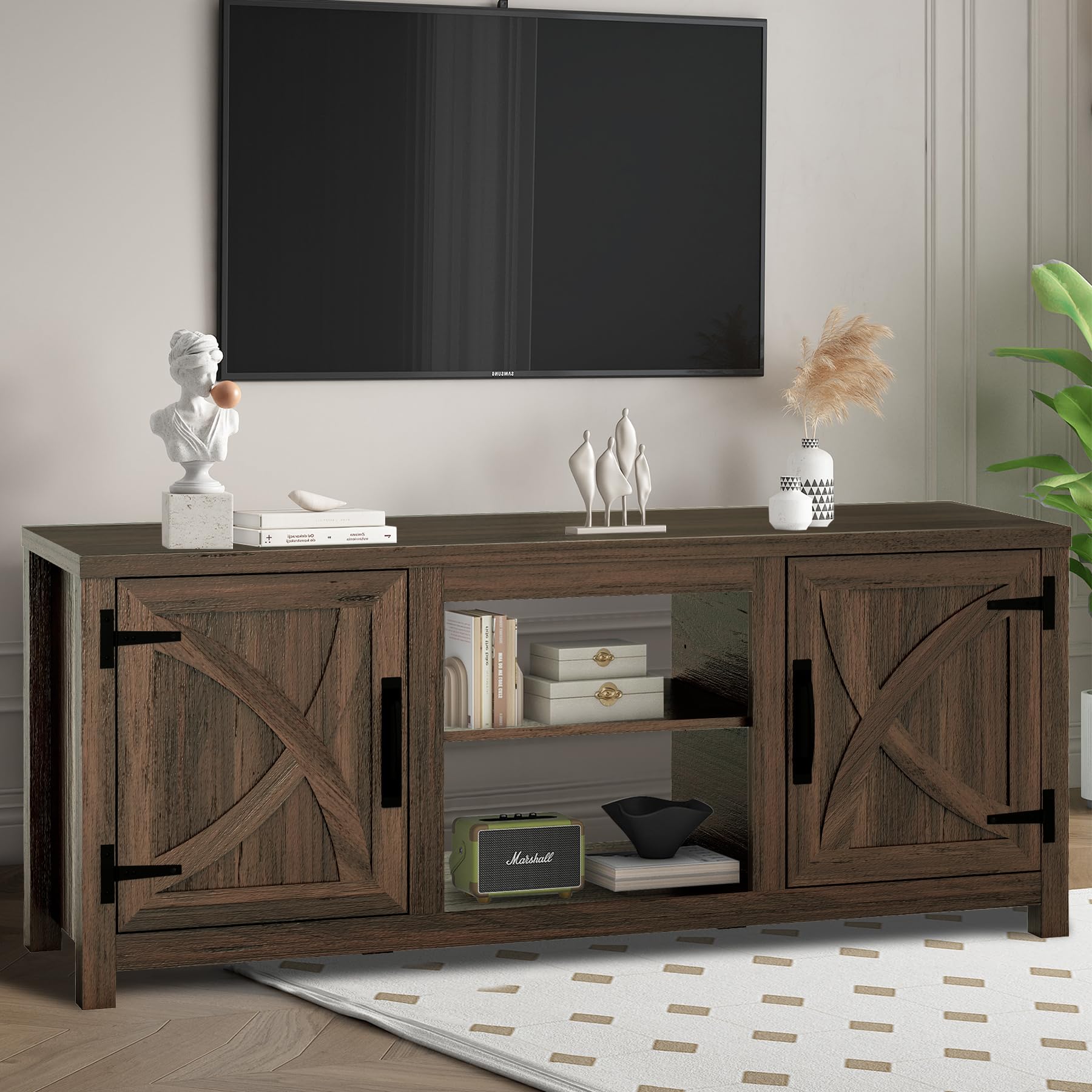 Vaczon TV Stand for 65 Inch TVs, Farmhouse Entertainment Center with Storage Cabinets and Open Shelf, Rustic TV Stands for Living Room, Cabinet Media