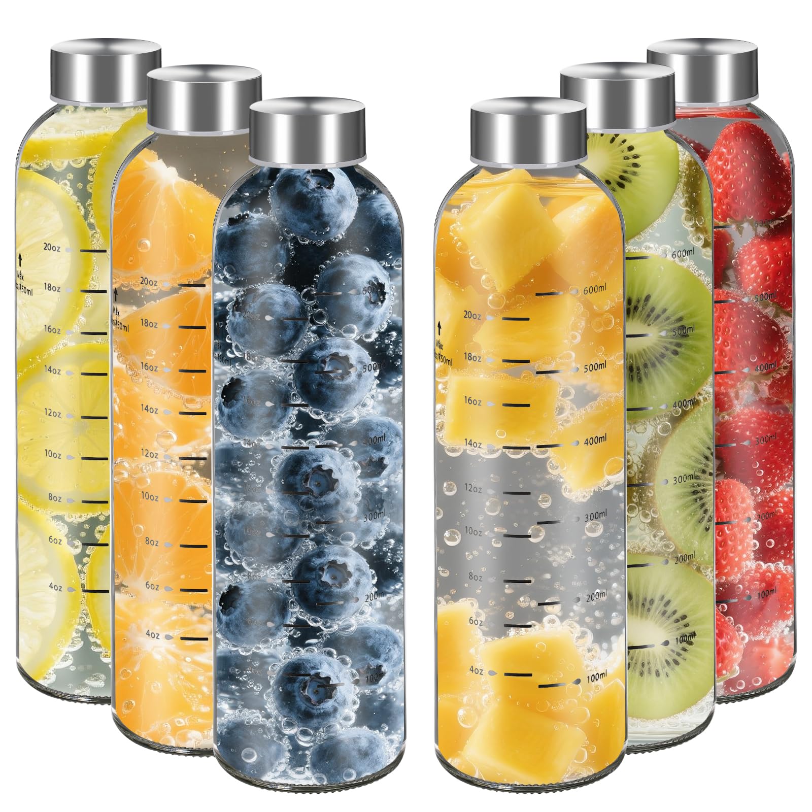 Glas-Saftflaschen mit Deckel, 750 ml, transparente Wasserflasche, Saftflaschen, wiederverwendbares Glas mit Edelstahlkappe, Trinkflaschen für Kühlschrank, 100 % auslaufsicher, BPA-frei, 6
