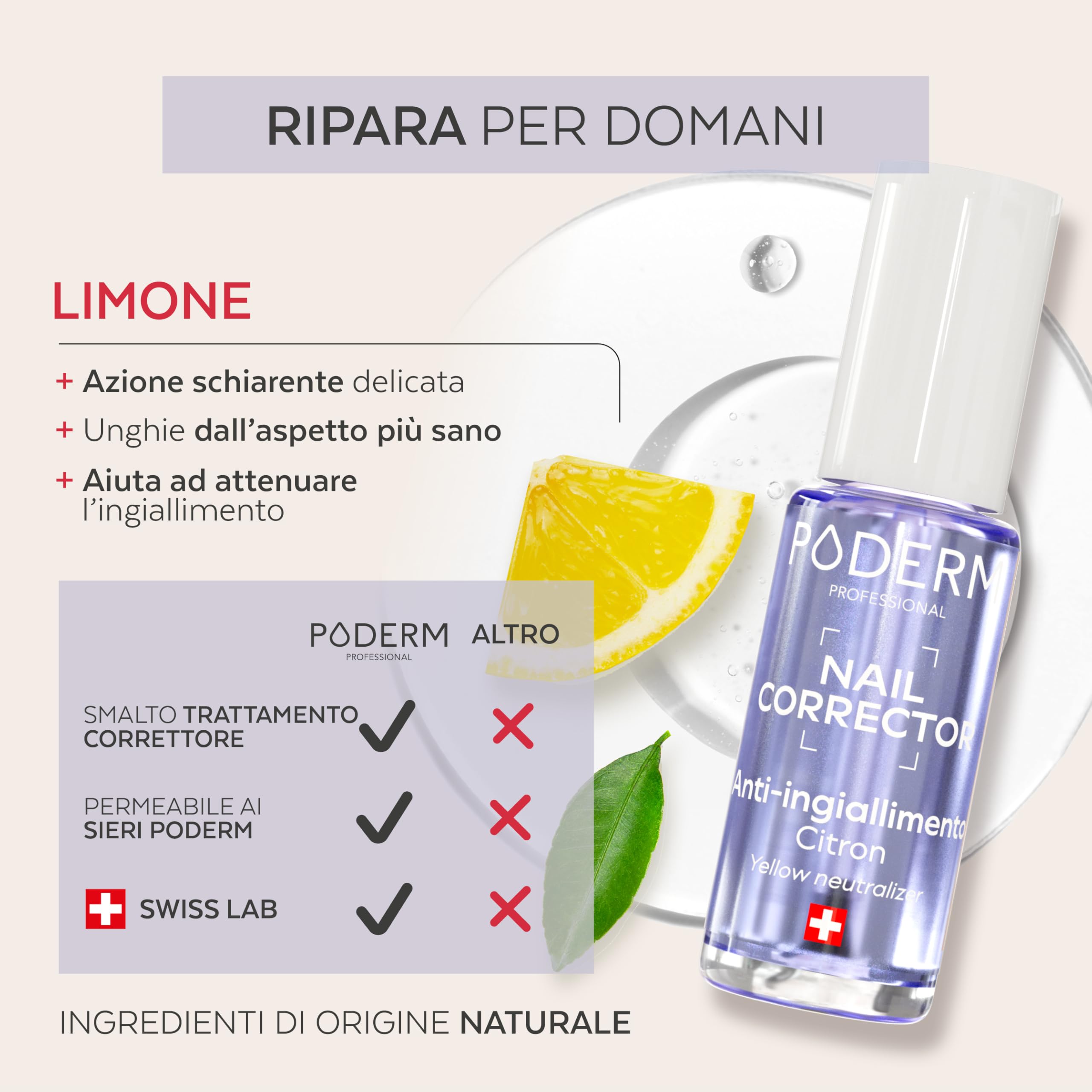 PODERM Smalto Trattamento Correttore & Perfezionatore – De-Ingiallente al Limone | 8 ML – Ripristina la Chiarezza con Finitura Brillante per Unghie Macchiate | Sviluppato da un Podologo in Svizzera