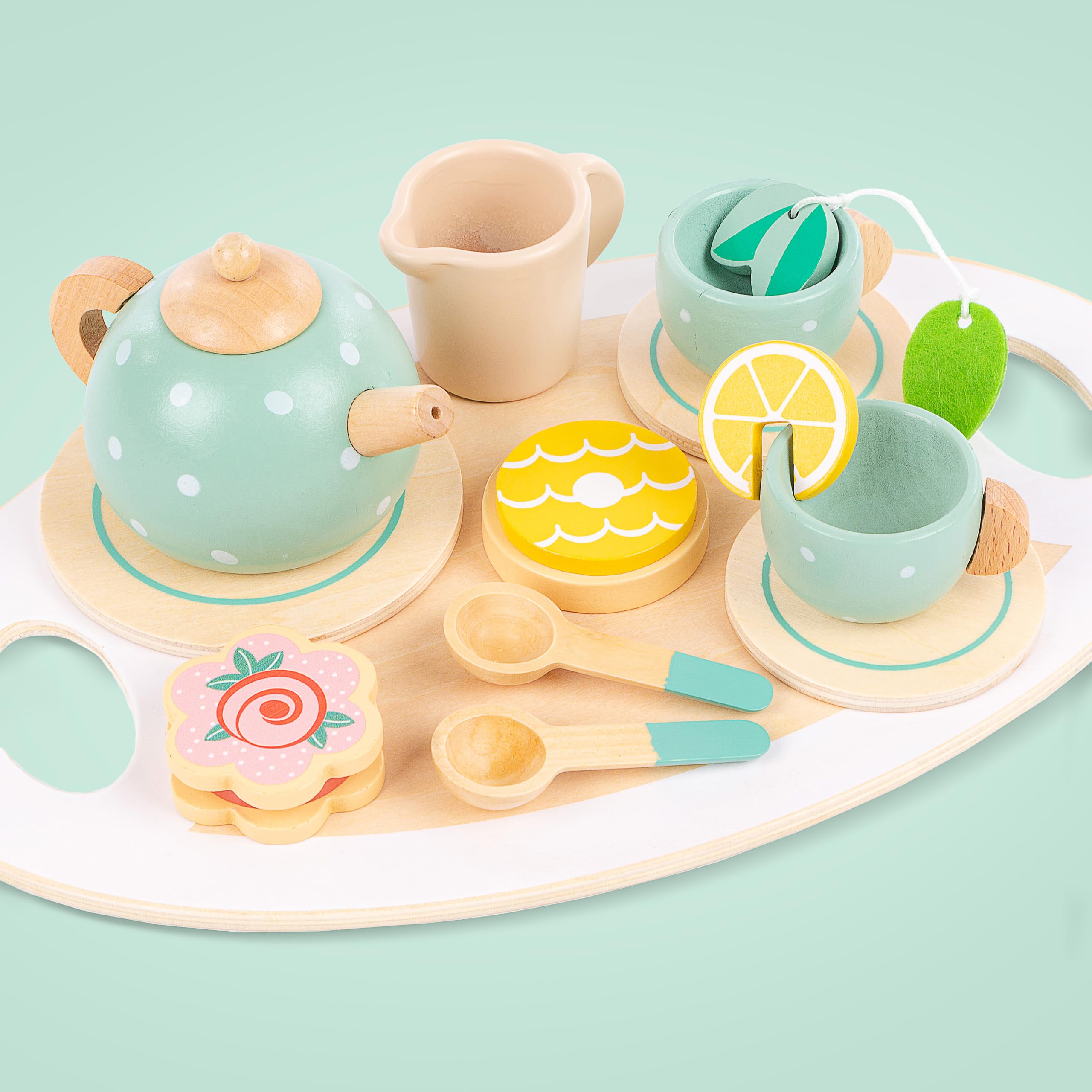 Kinderplay Servizio da Tè in Legno per Bambini – Set 15 Pezzi con Vassoio – Gioco di Imitazione per Tea Party – Accessori Cucina 3+ Anni