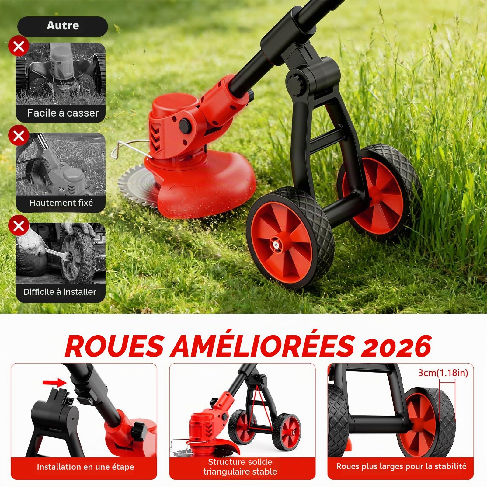 Debroussailleuse Electrique sans Fil 21V, Débroussailleuse Batterie avec 2 Batteries 2,0 Ah, Chargeur et Roues Amovibles, Coupe Bordure sans Fil avec Batterie pour Tondre Le Jardin et la Pelouse
