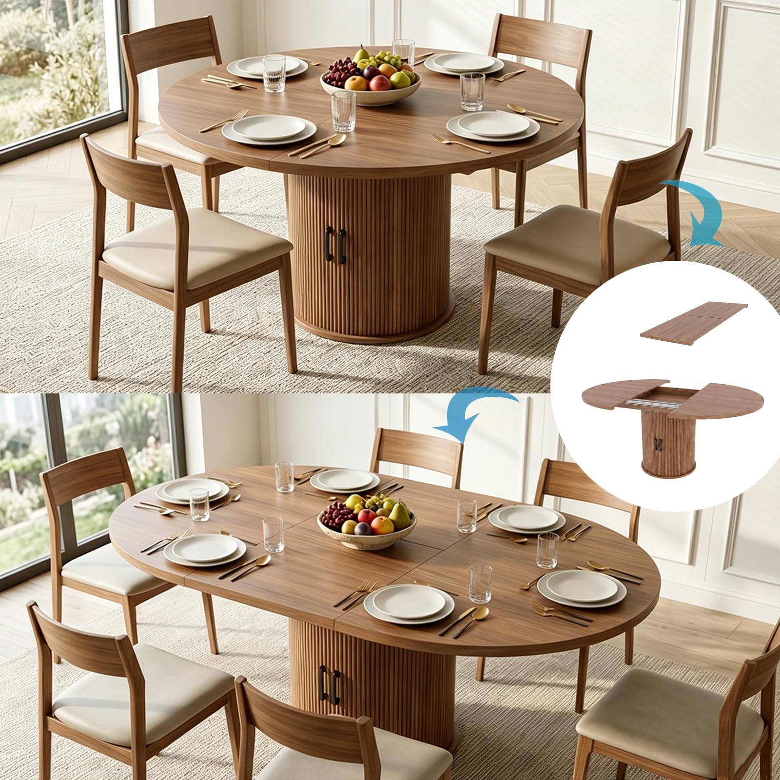 Tavolo da pranzo allungabile, rotondo, con spazio per riporre oggetti | Moderno tavolo da pranzo con base cilindrica, in legno, per 4-6 persone, marrone noce (solo tavolo)