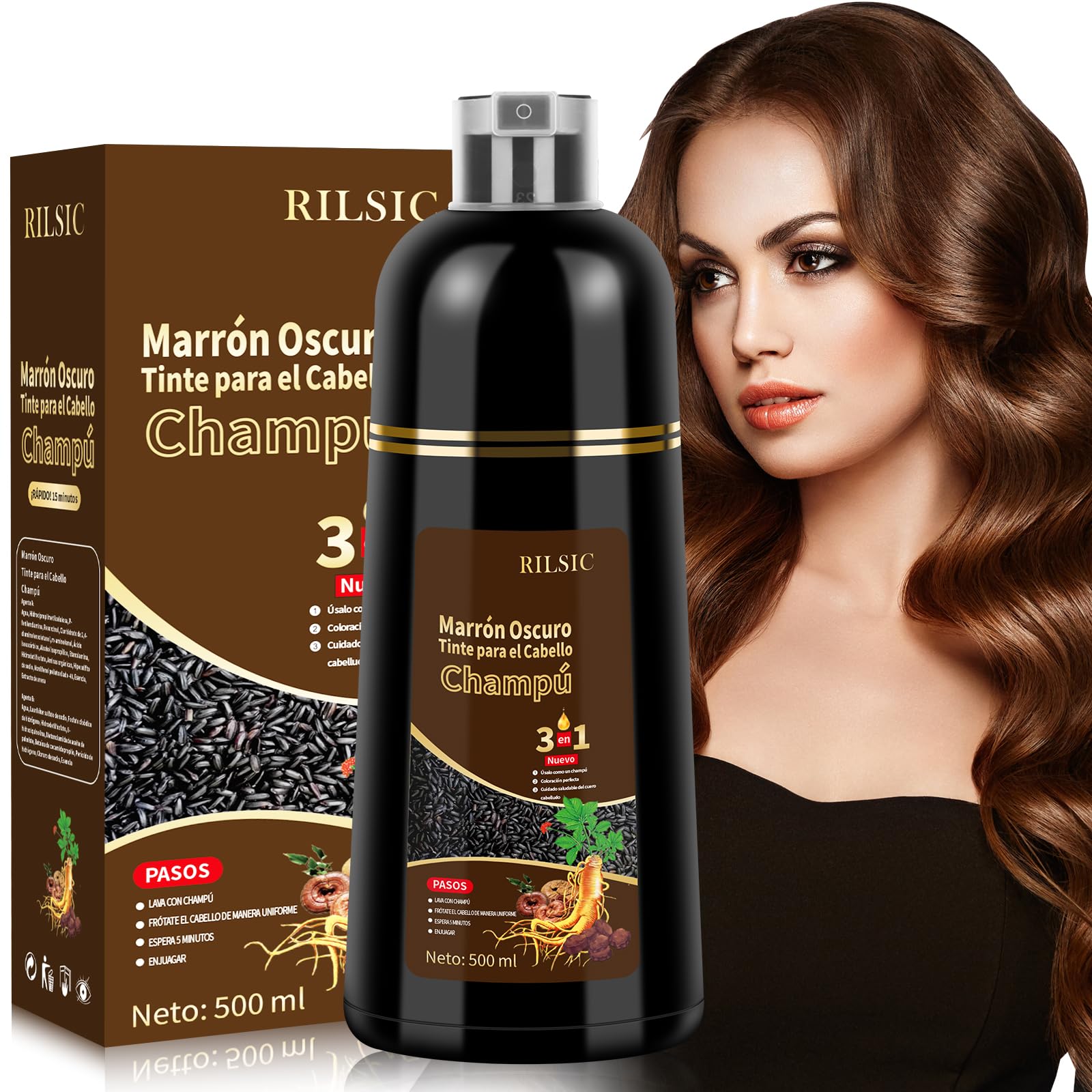 Champú Tinte Castaño Oscuro Cubre Canas, 500ML Hair Dye Shampoo 3 en 1, Champu Tinte Canas Mujer Hombre, Champú de Color Tinte Pelo, Pelo instantáneo, Cubre Canas En Minutos para Mujer Hombre