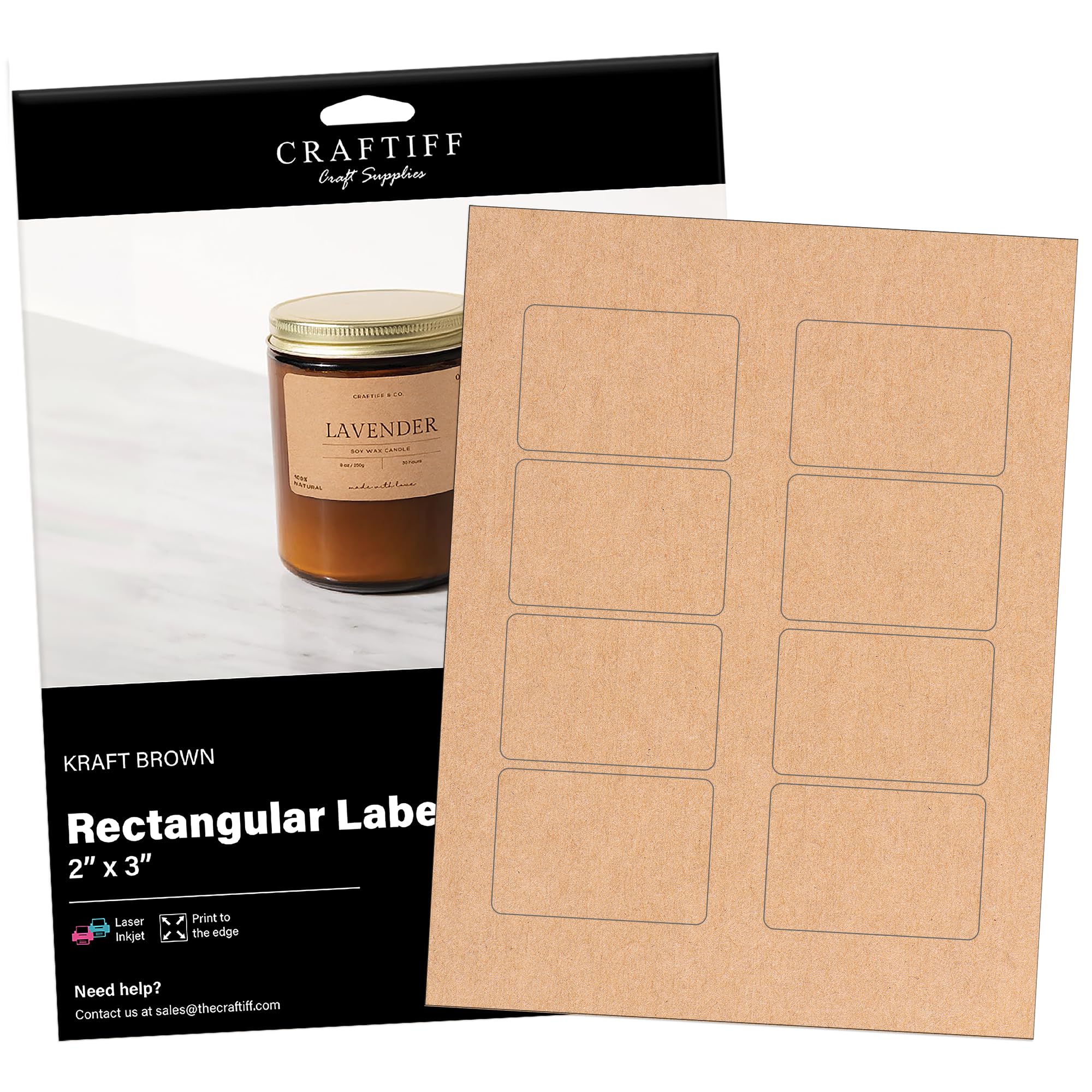 2x3 inch Rectangle Stickers Kraft Labels Printable Paper Brown Color, 200 Labels, 25 Sheets, for Inkjet and Laser Printer, Vinyl Sheets Packaging Address Mail Business Craftiff