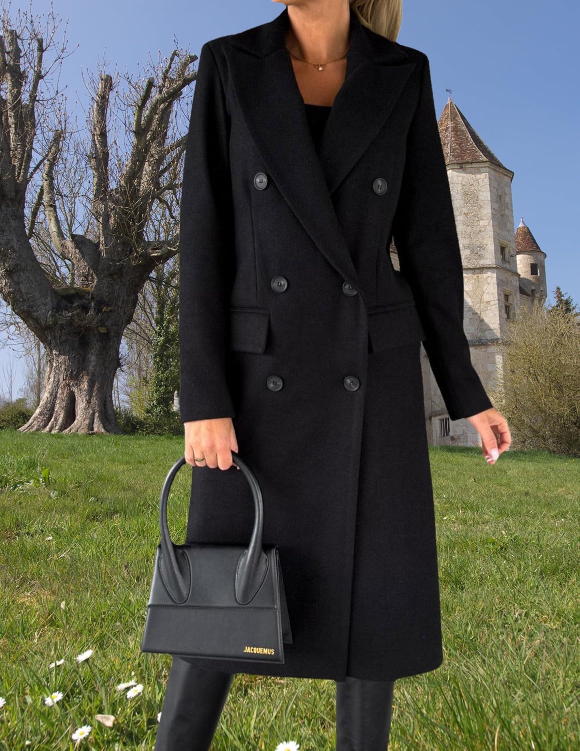 LIZALIG Women's Fall Winter Midi Trench Coat - Elegant Notched Collar Double Breasted Wool Blend Peacoat with Pockets