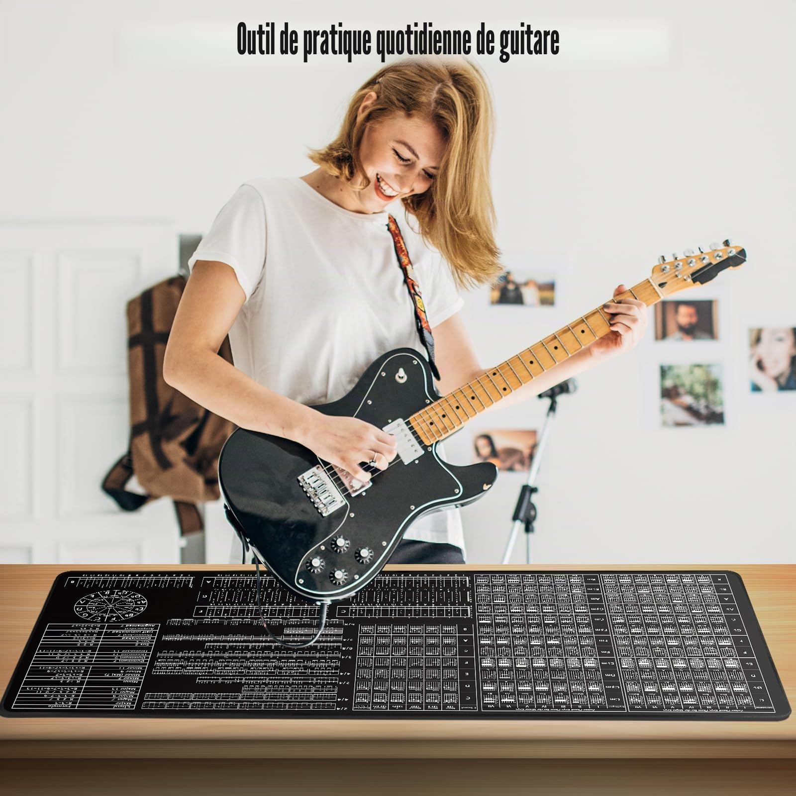 Tapis d'Exercice pour Guitare-Planche des Connaissances (97 x 45 cm) | Accessoire Guitare Débutant avec Accords Majeurs/Mineurs,Manche,Rythme,Strumming&Cercle des Quintes | Théorie Musicale